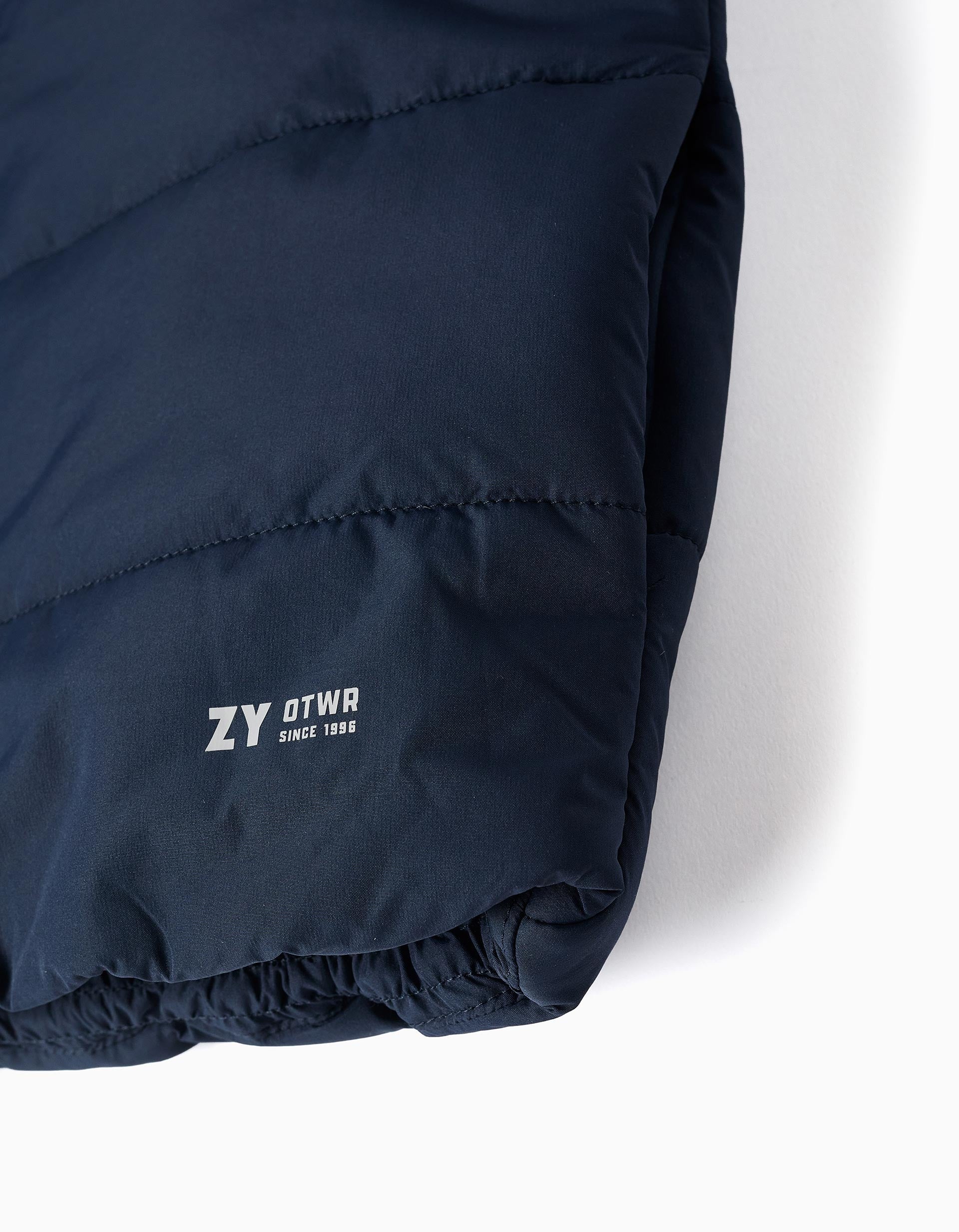 Hooded puffer vest with front zip for children, navy blue