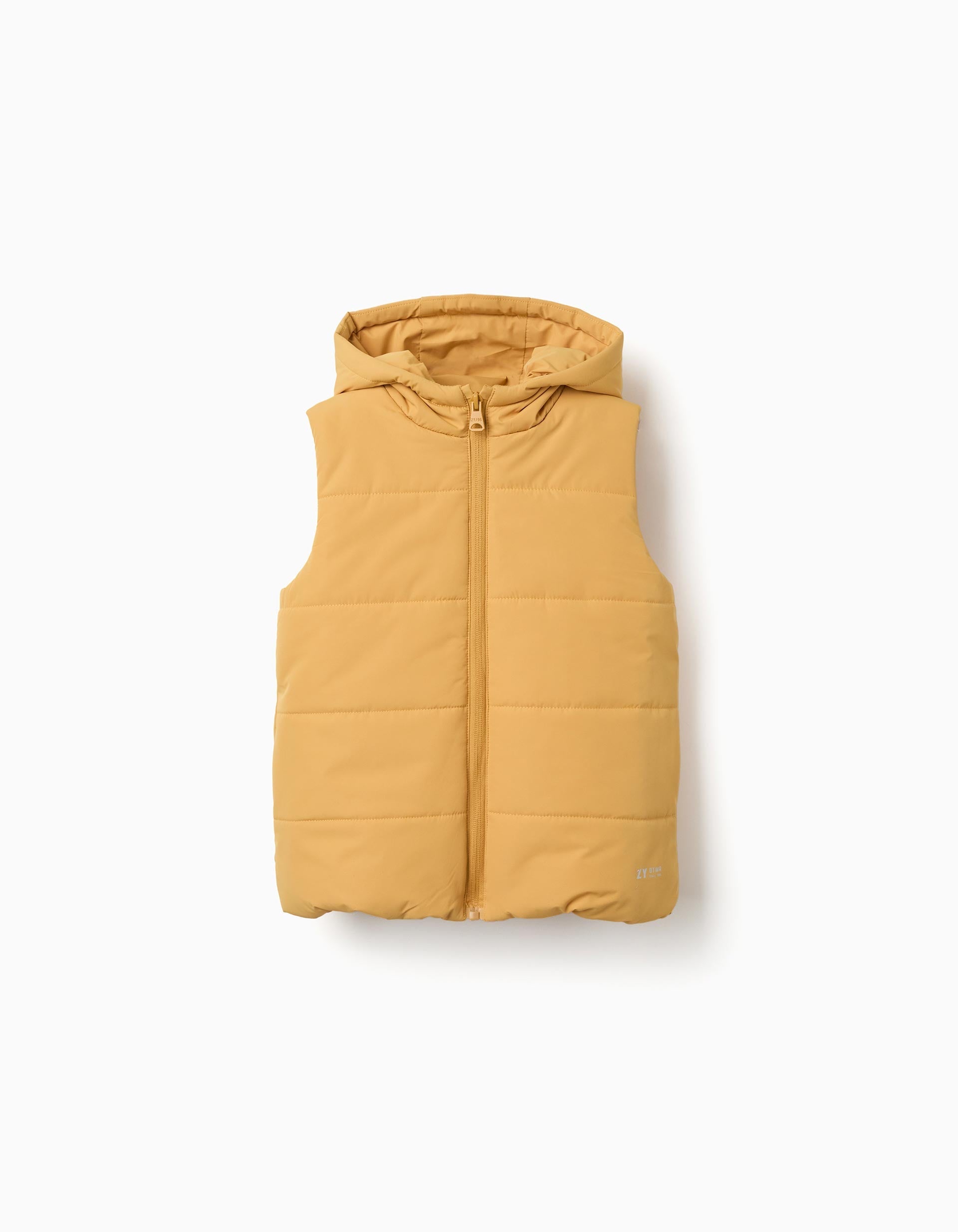 Hooded puffer vest with front zip for children, mustard yellow