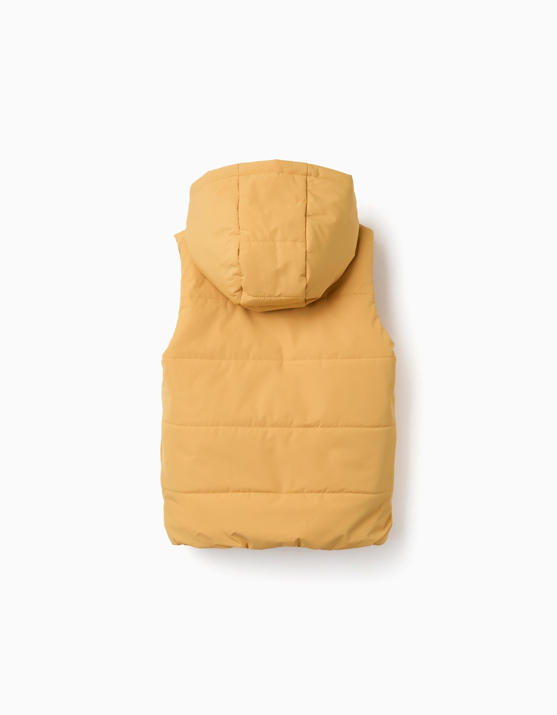 Hooded puffer vest with front zip for children, mustard yellow