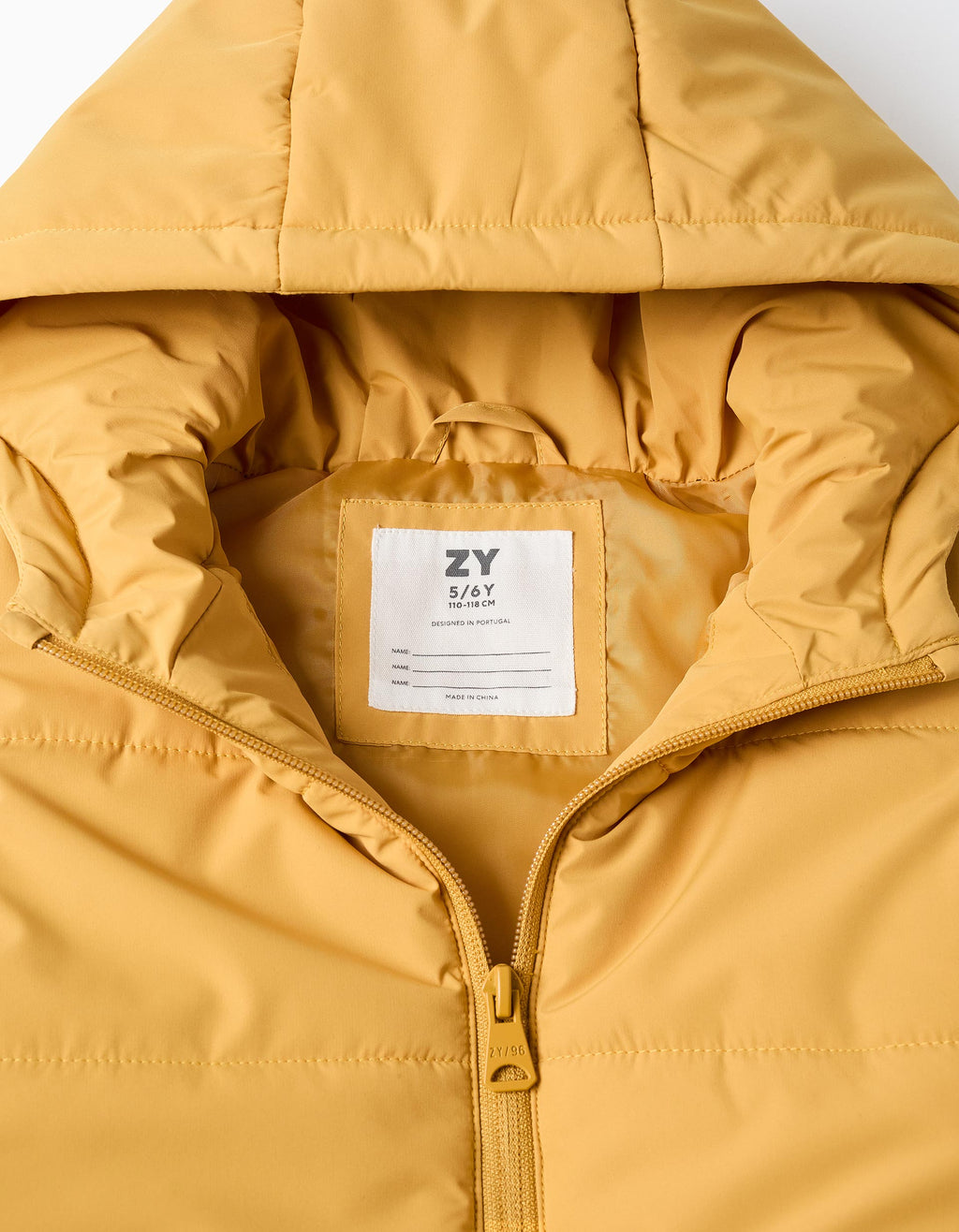 Hooded puffer vest with front zip for children, mustard yellow