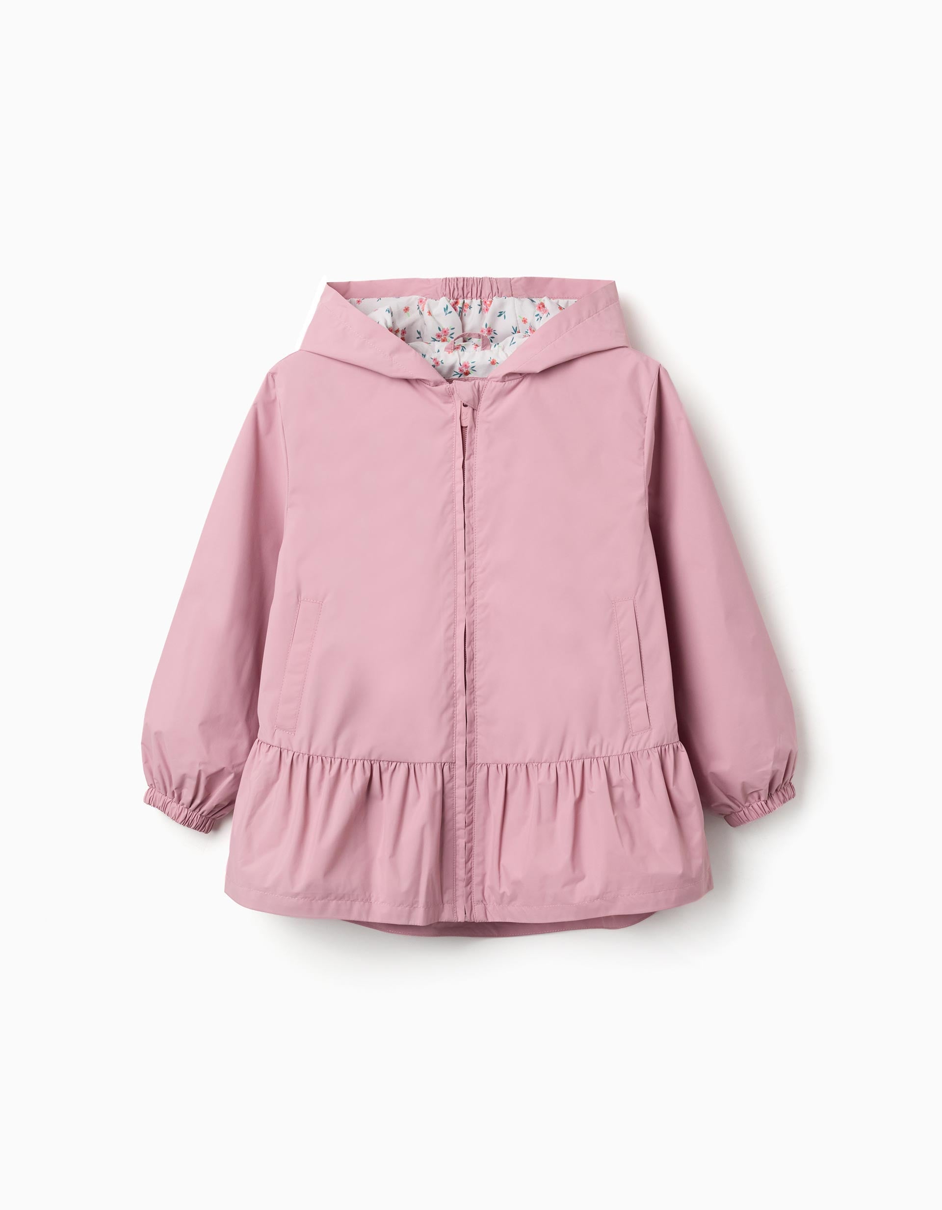 Hooded windbreaker with ruffled hem and lining for girls, pink