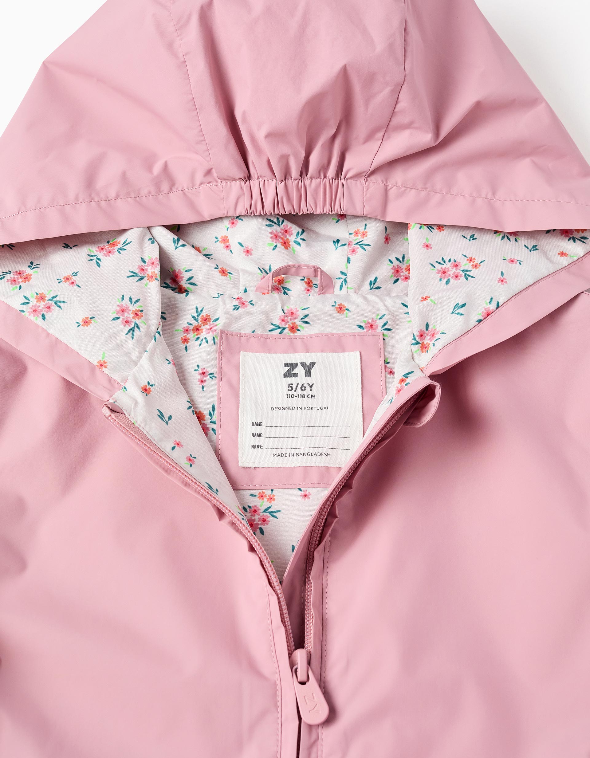 Hooded windbreaker with ruffled hem and lining for girls, pink