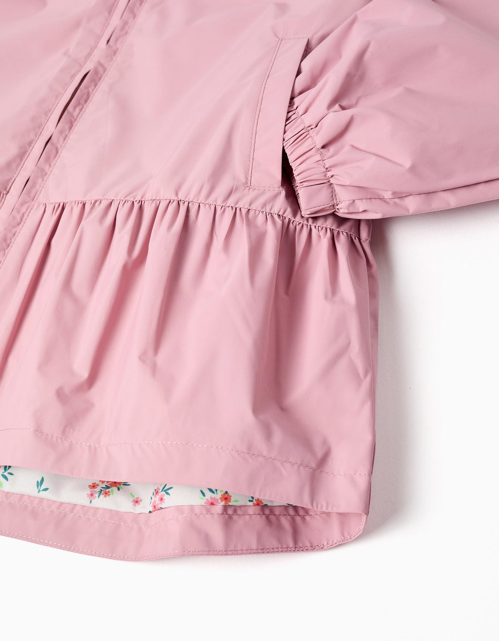 Hooded windbreaker with ruffled hem and lining for girls, pink