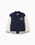 Brushed bomber jacket with print for boys, navy blue/white/yellow