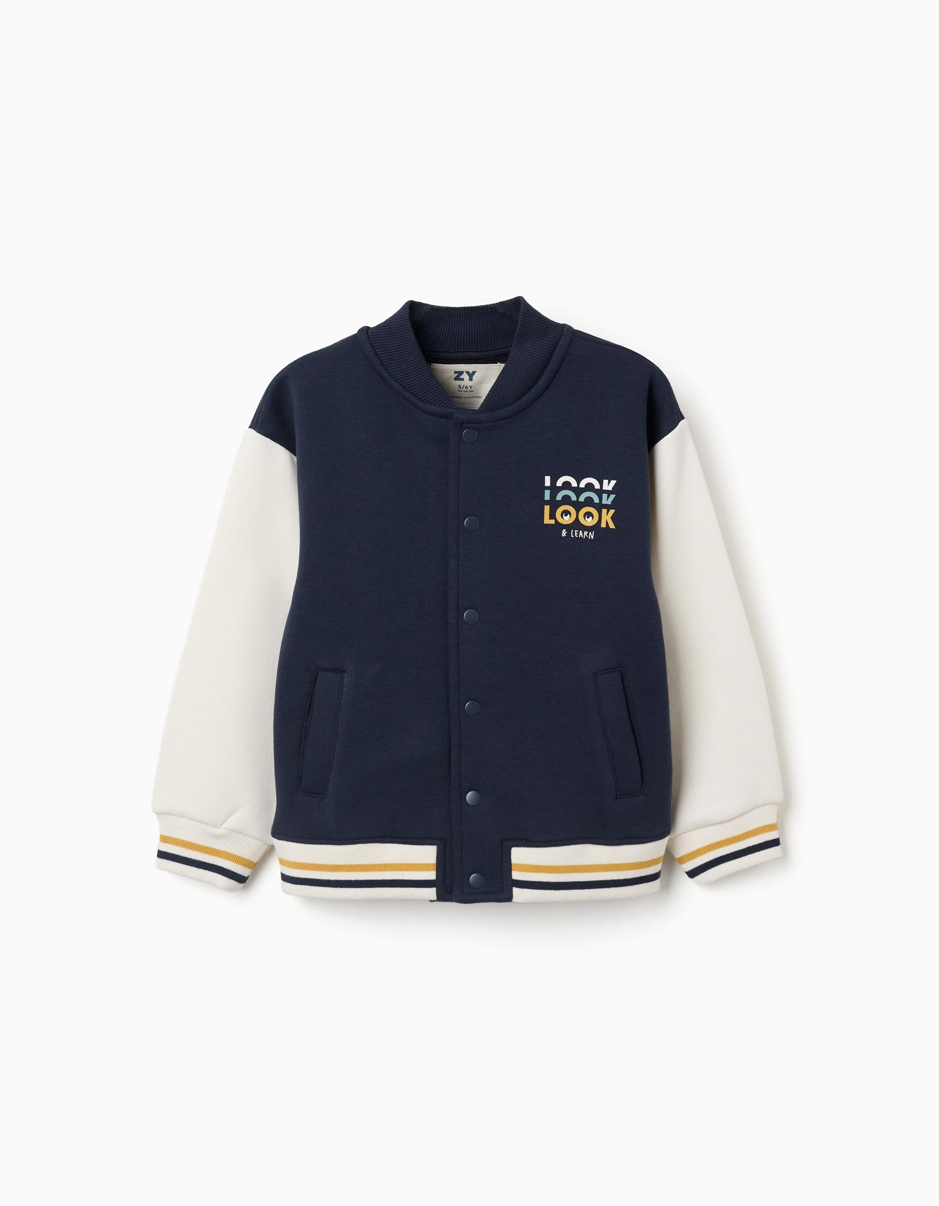 Brushed bomber jacket with print for boys, navy blue/white/yellow