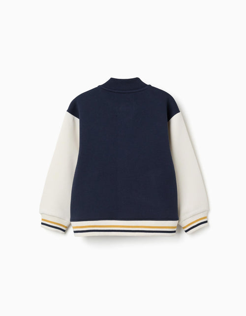 Brushed bomber jacket with print for boys, navy blue/white/yellow