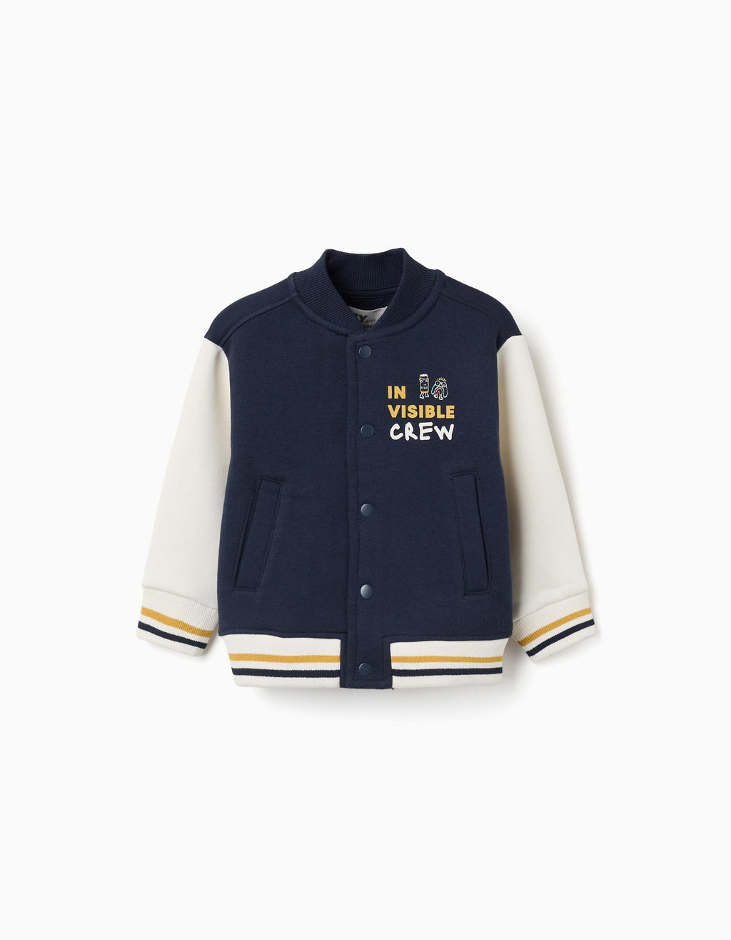 Brushed bomber jacket with print for baby boys, navy blue/white/yellow