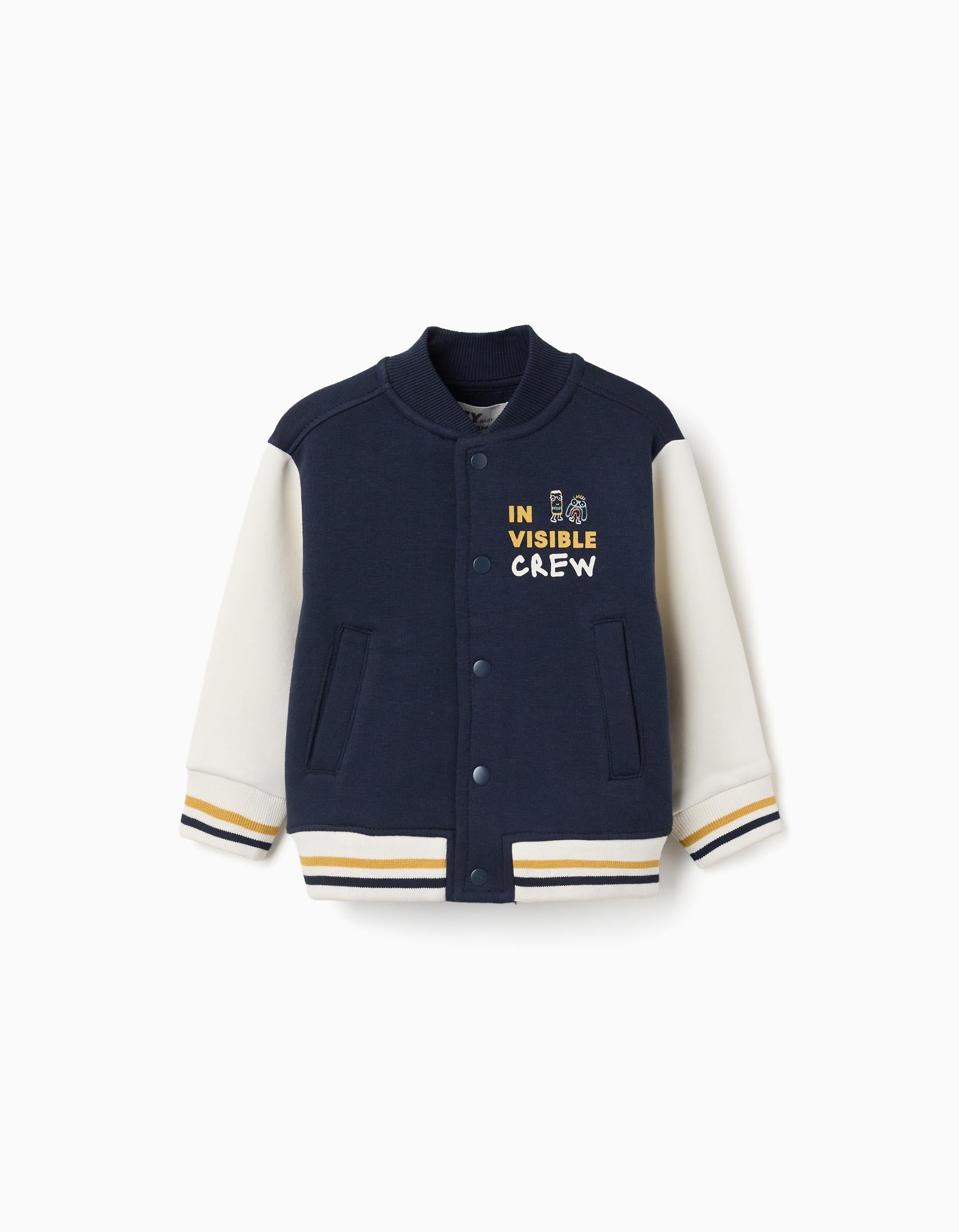 Brushed bomber jacket with print for baby boys, navy blue/white/yellow