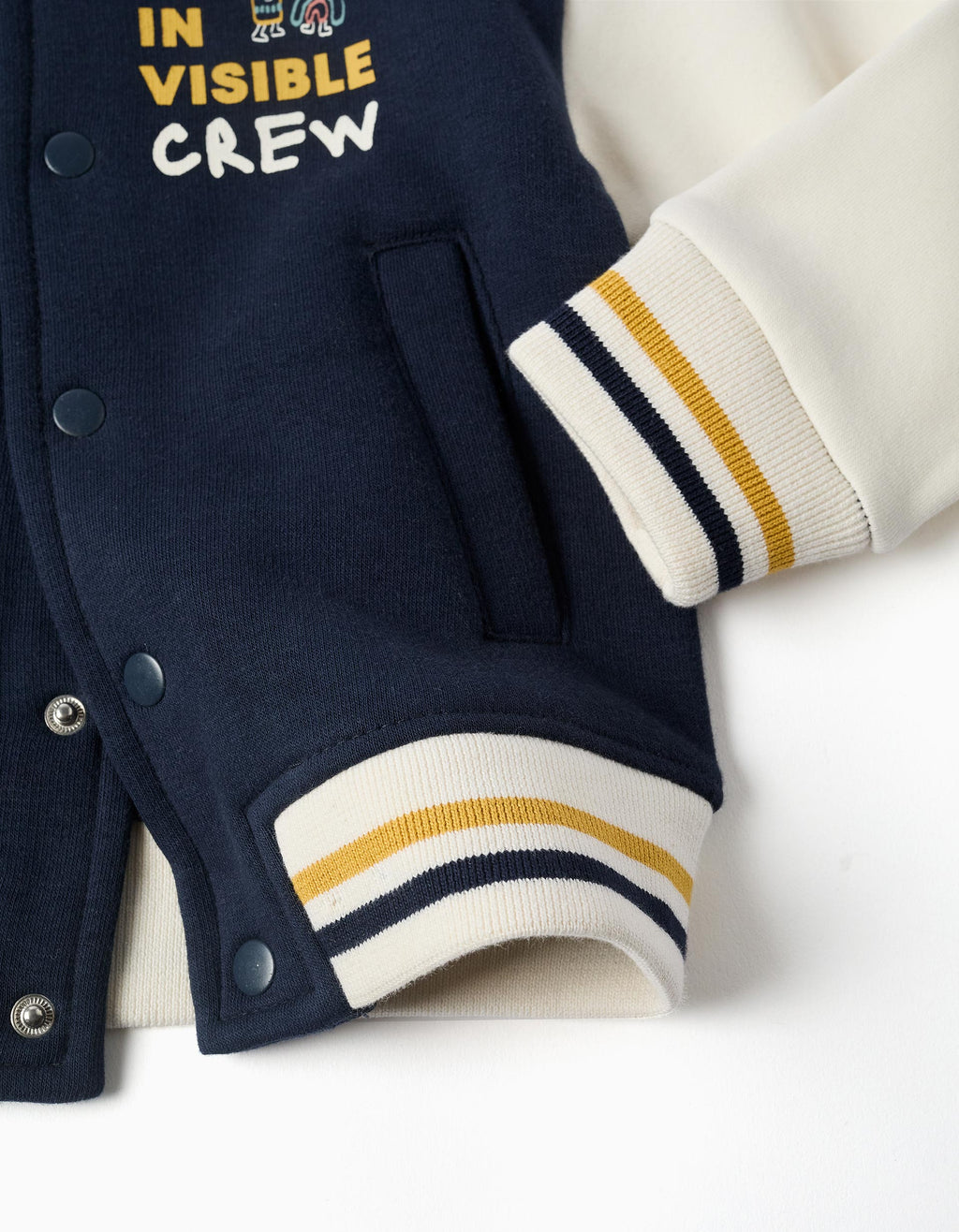 Brushed bomber jacket with print for baby boys, navy blue/white/yellow