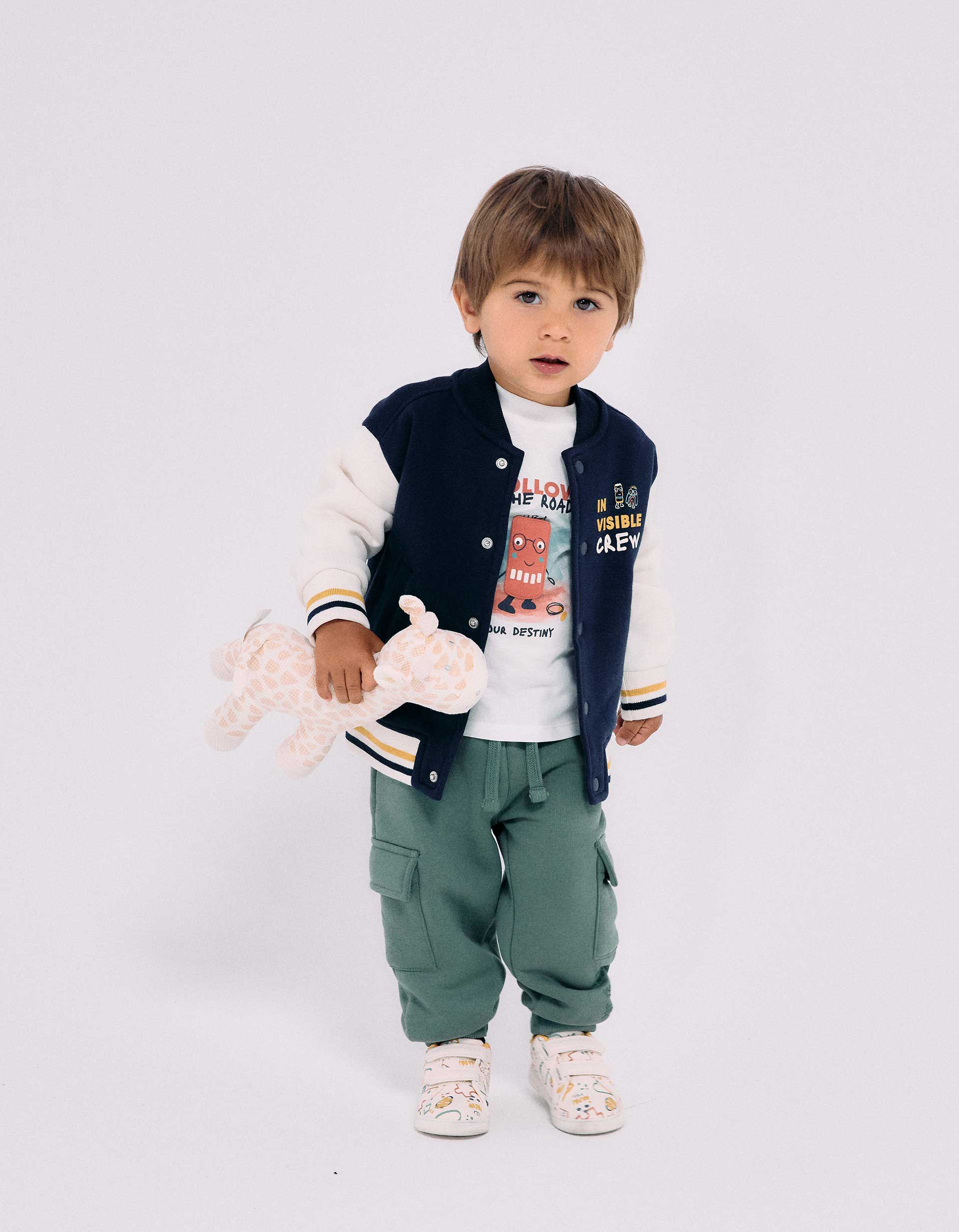 Brushed bomber jacket with print for baby boys, navy blue/white/yellow