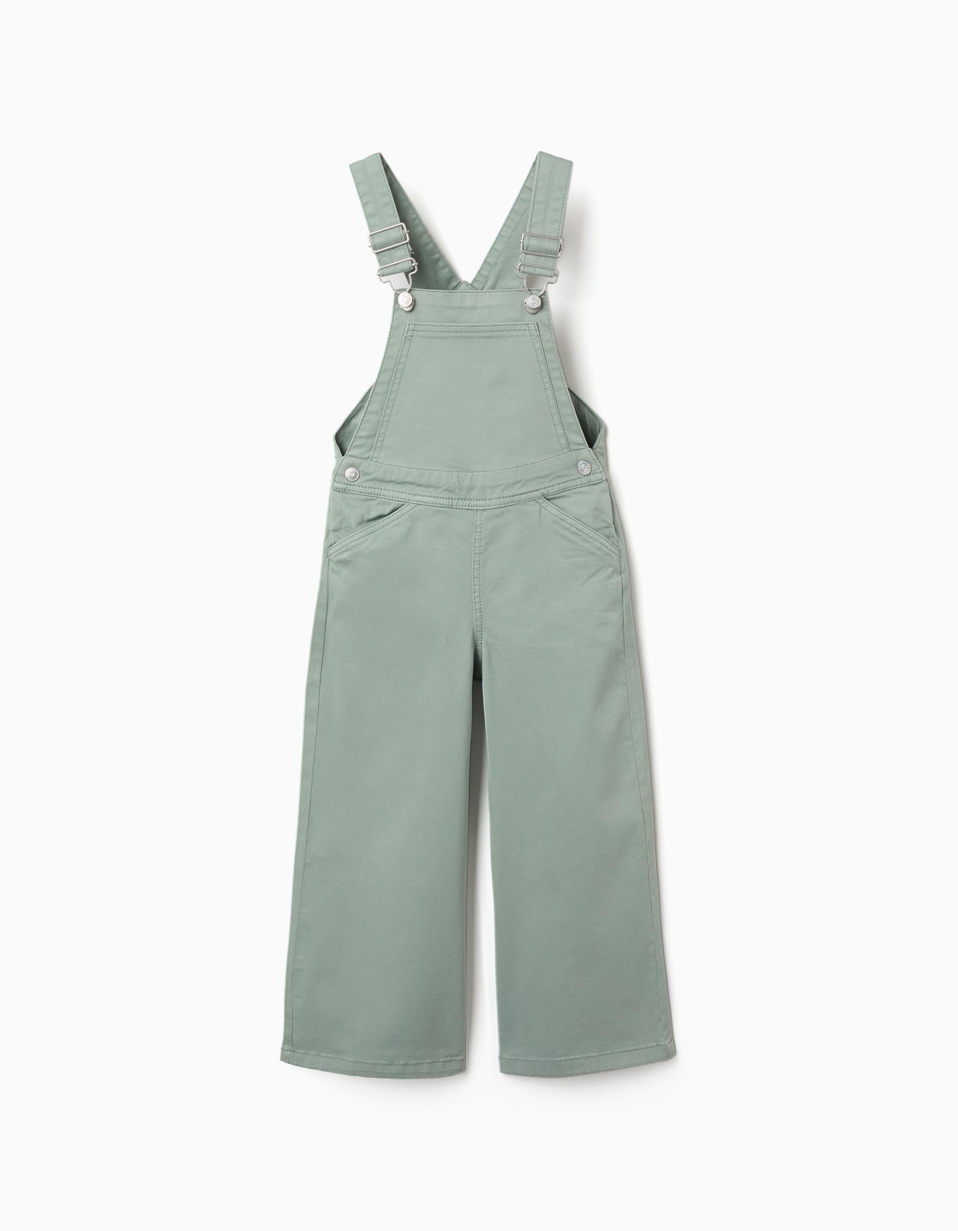 Wide leg twill dungarees for girls, light green