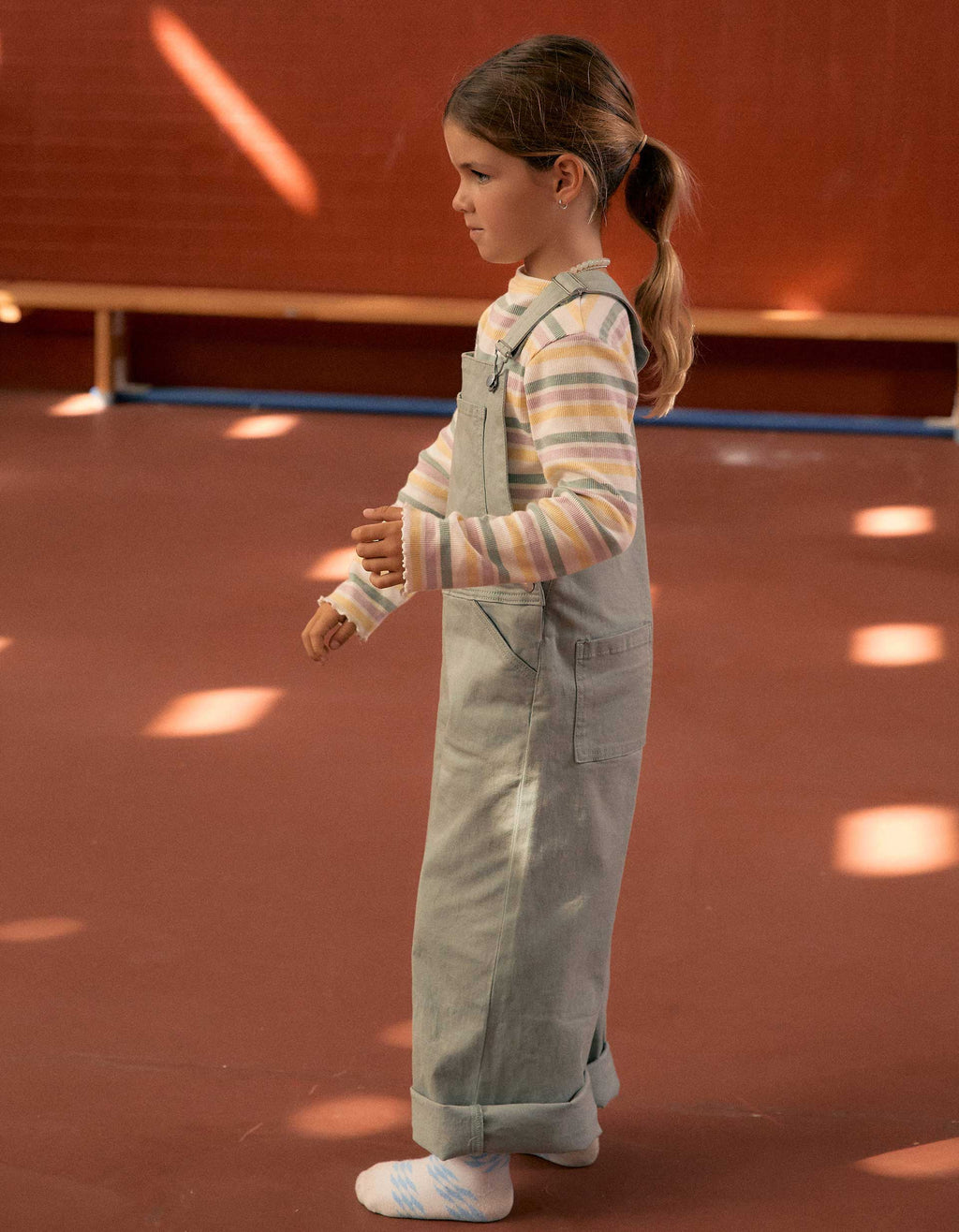 Wide leg twill dungarees for girls, light green