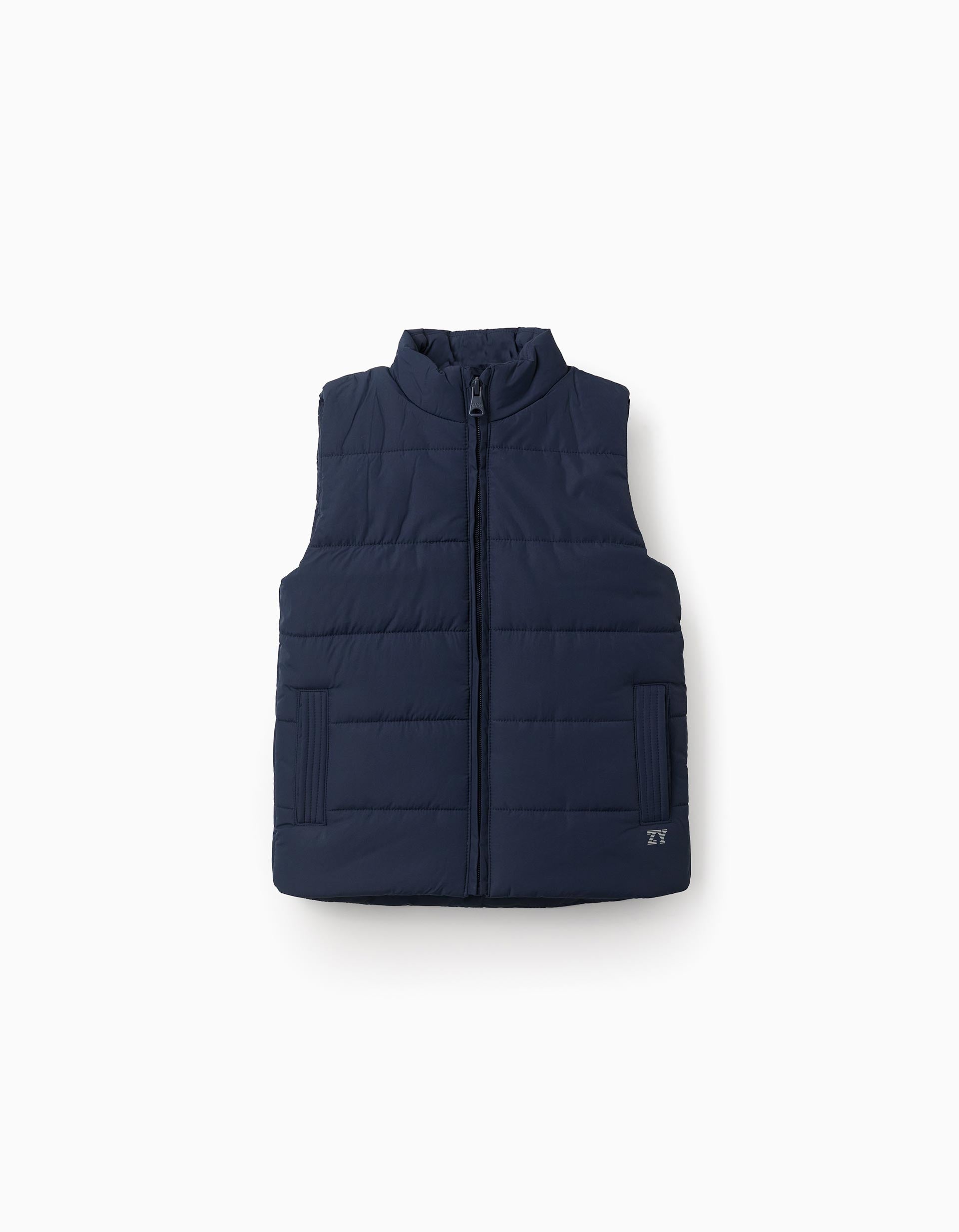 Puffer vest with polar fleece lining and pockets for boys, navy blue
