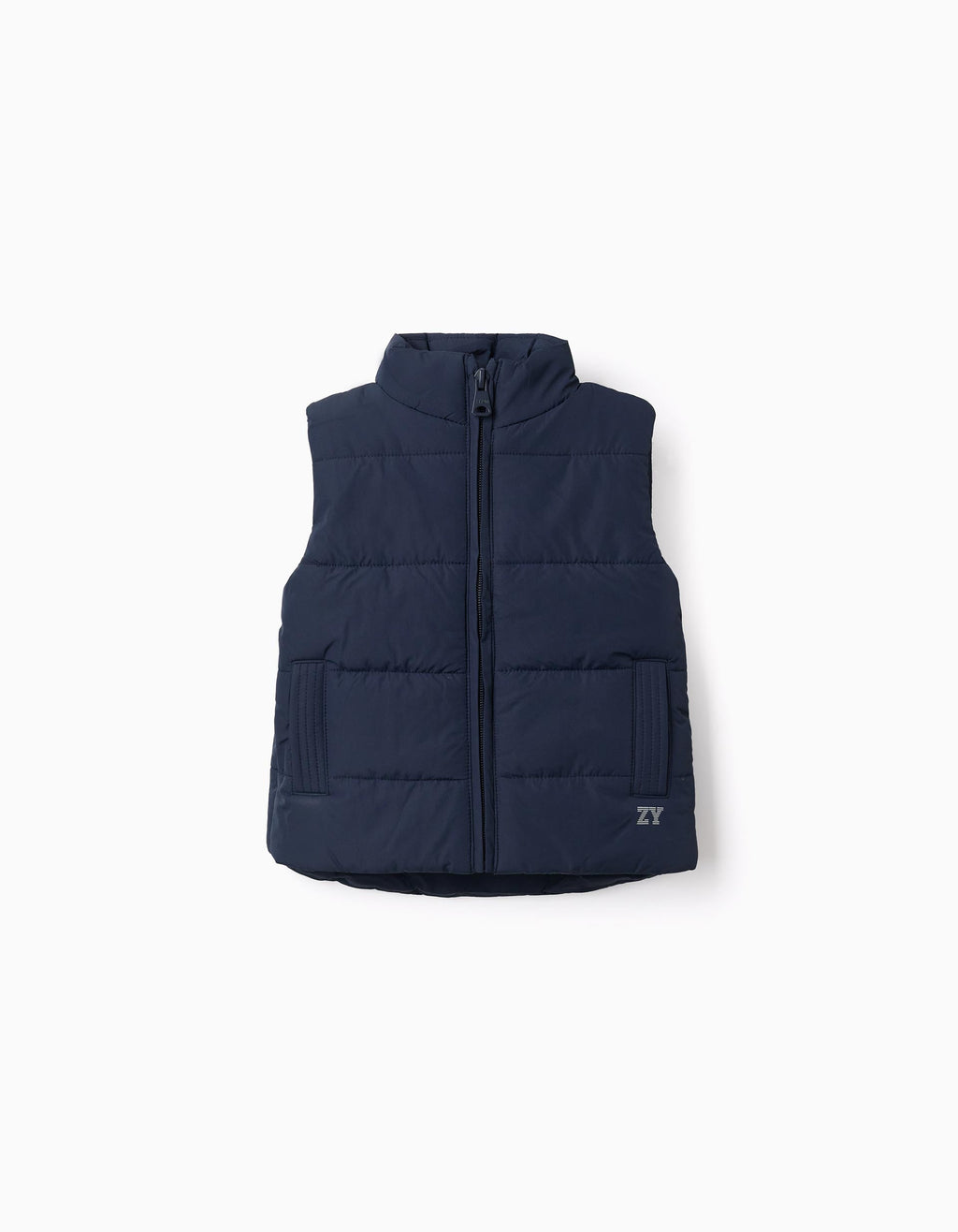 Padded vest with fleece lining and side pockets for babies, navy blue