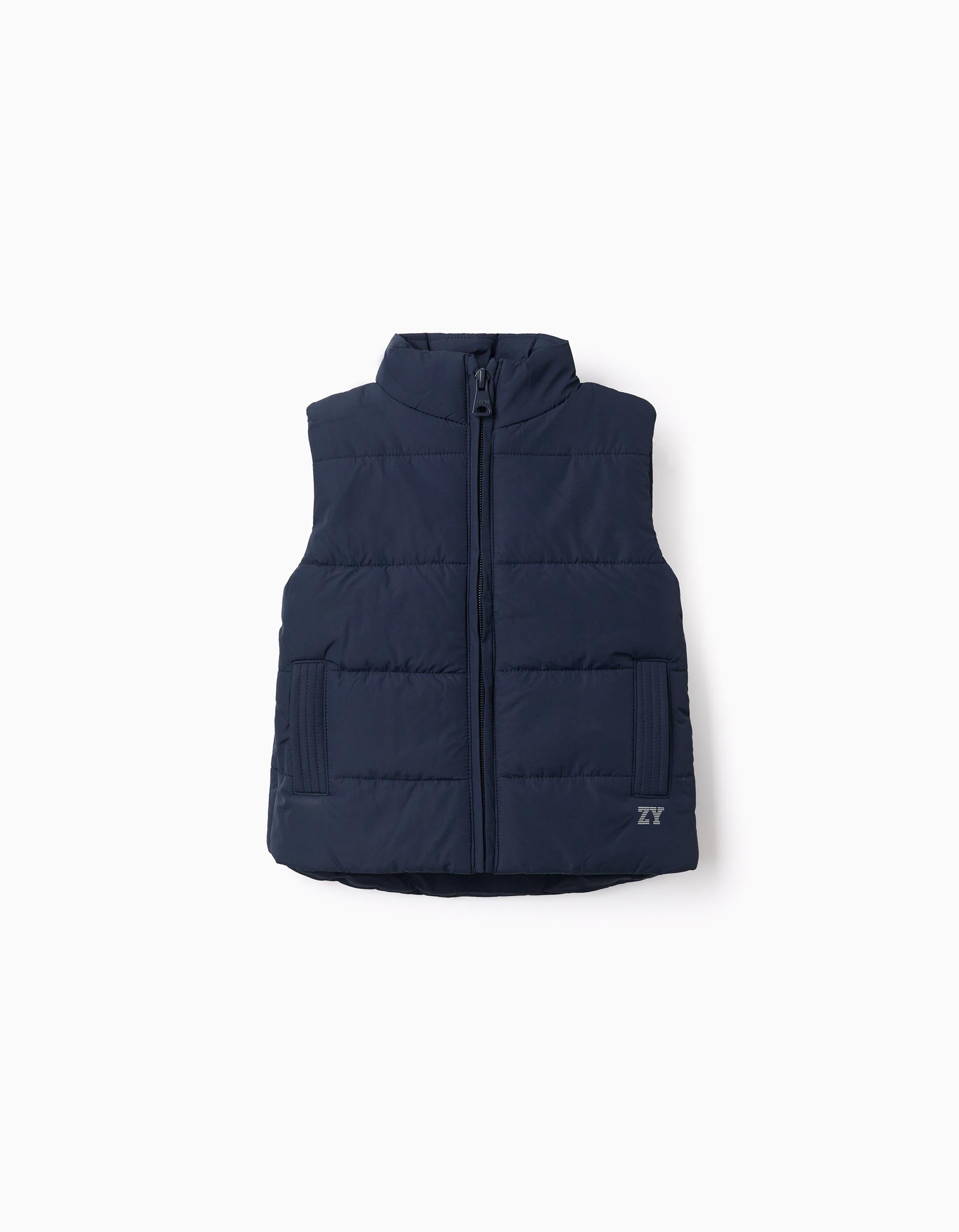 Padded vest with fleece lining and side pockets for babies, navy blue
