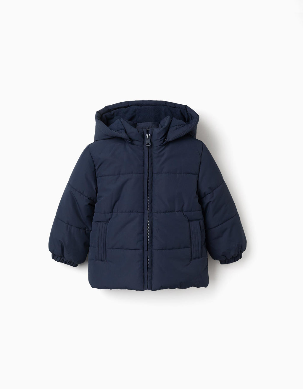 Puffer jacket with detachable hood for baby boys, navy blue