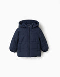 Puffer jacket with detachable hood for baby boys, navy blue