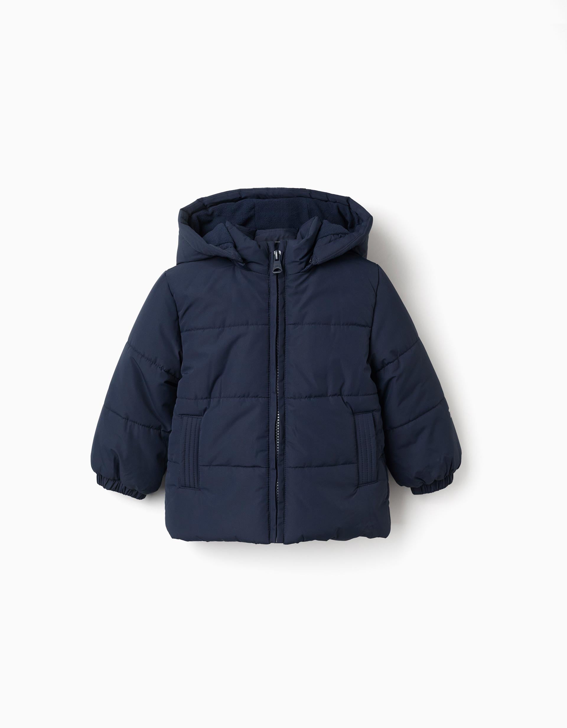 Puffer jacket with detachable hood for baby boys, navy blue