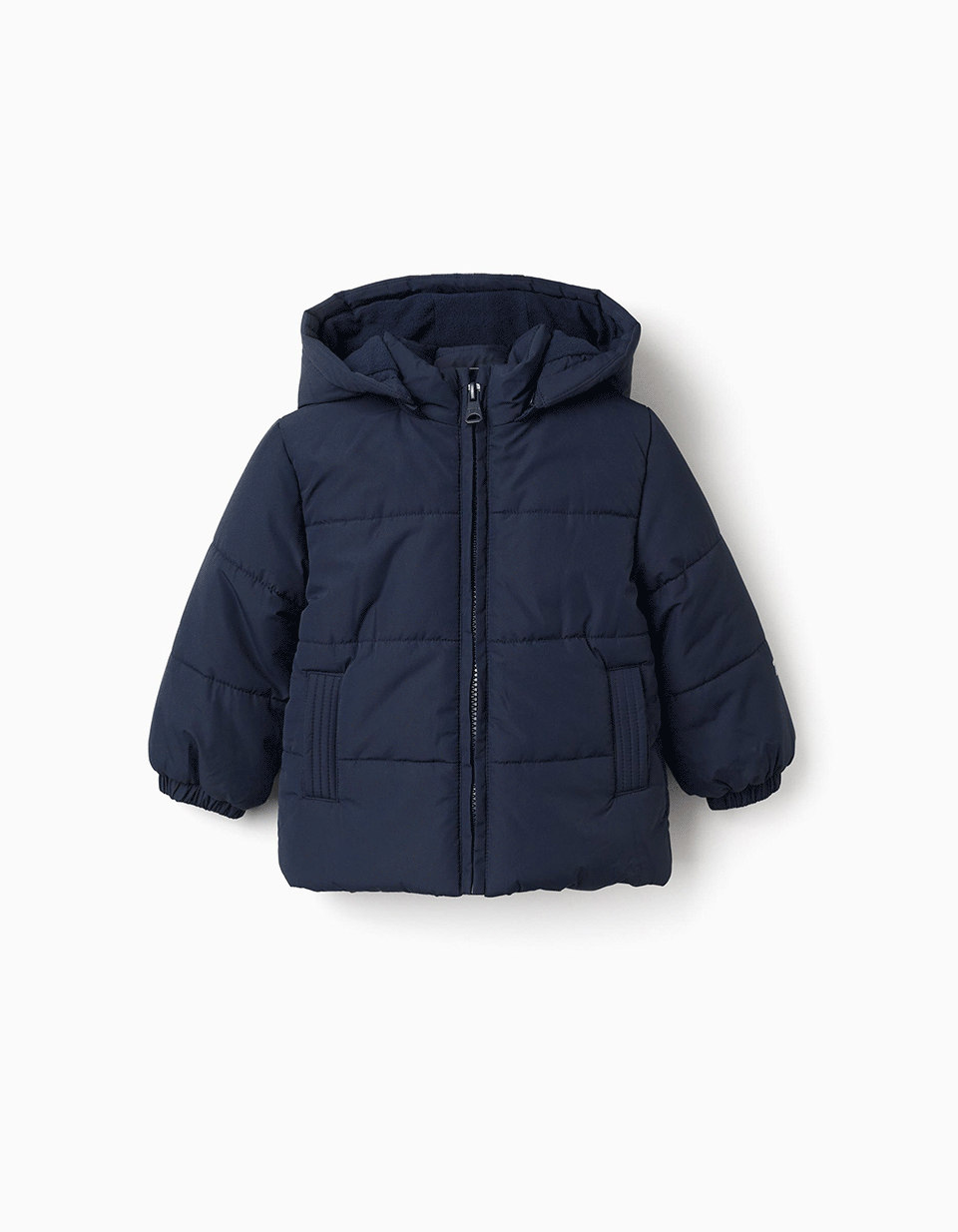 Puffer jacket with detachable hood for baby boys, navy blue