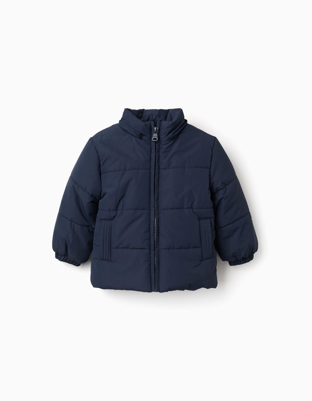 Puffer jacket with detachable hood for baby boys, navy blue