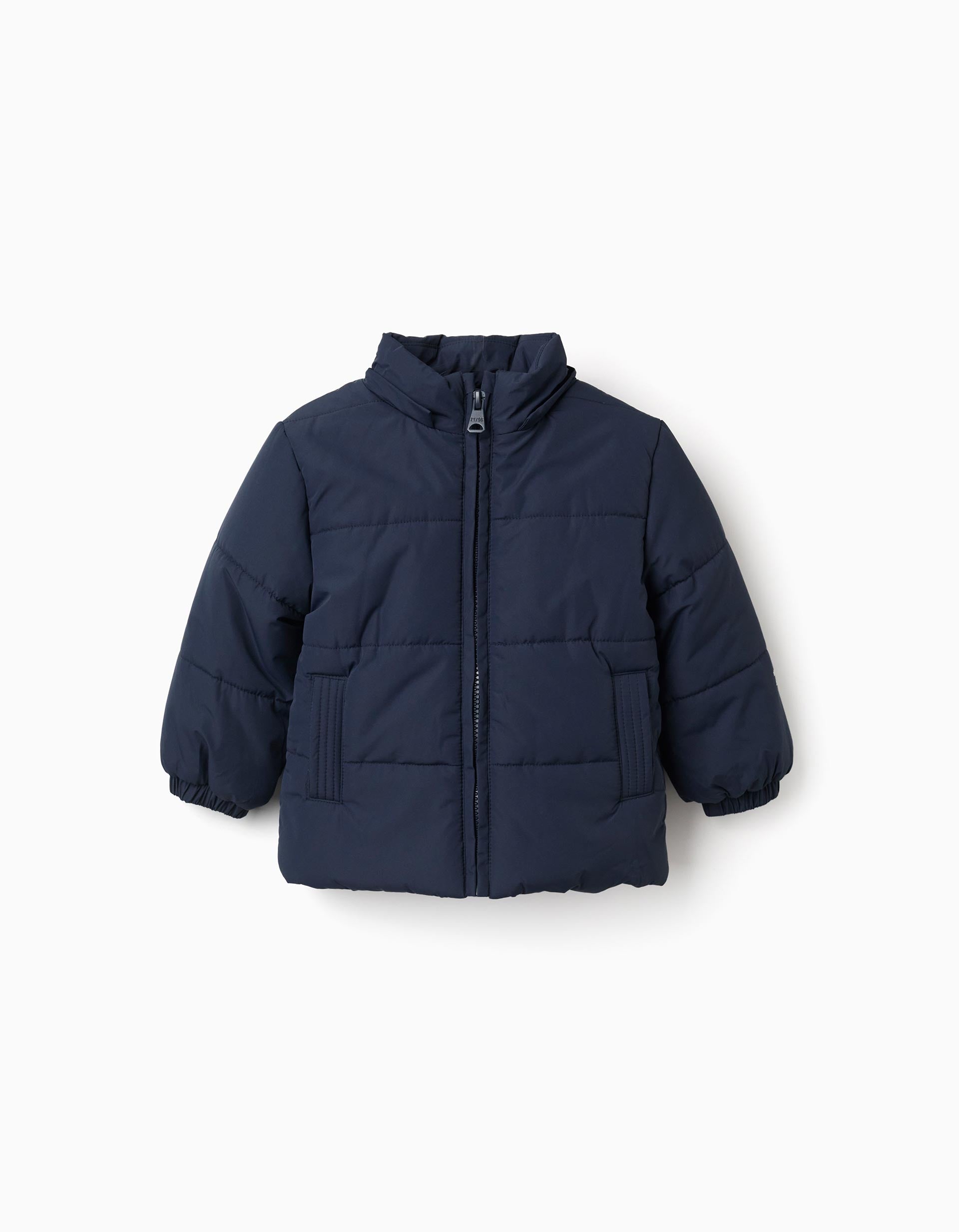 Puffer jacket with detachable hood for baby boys, navy blue