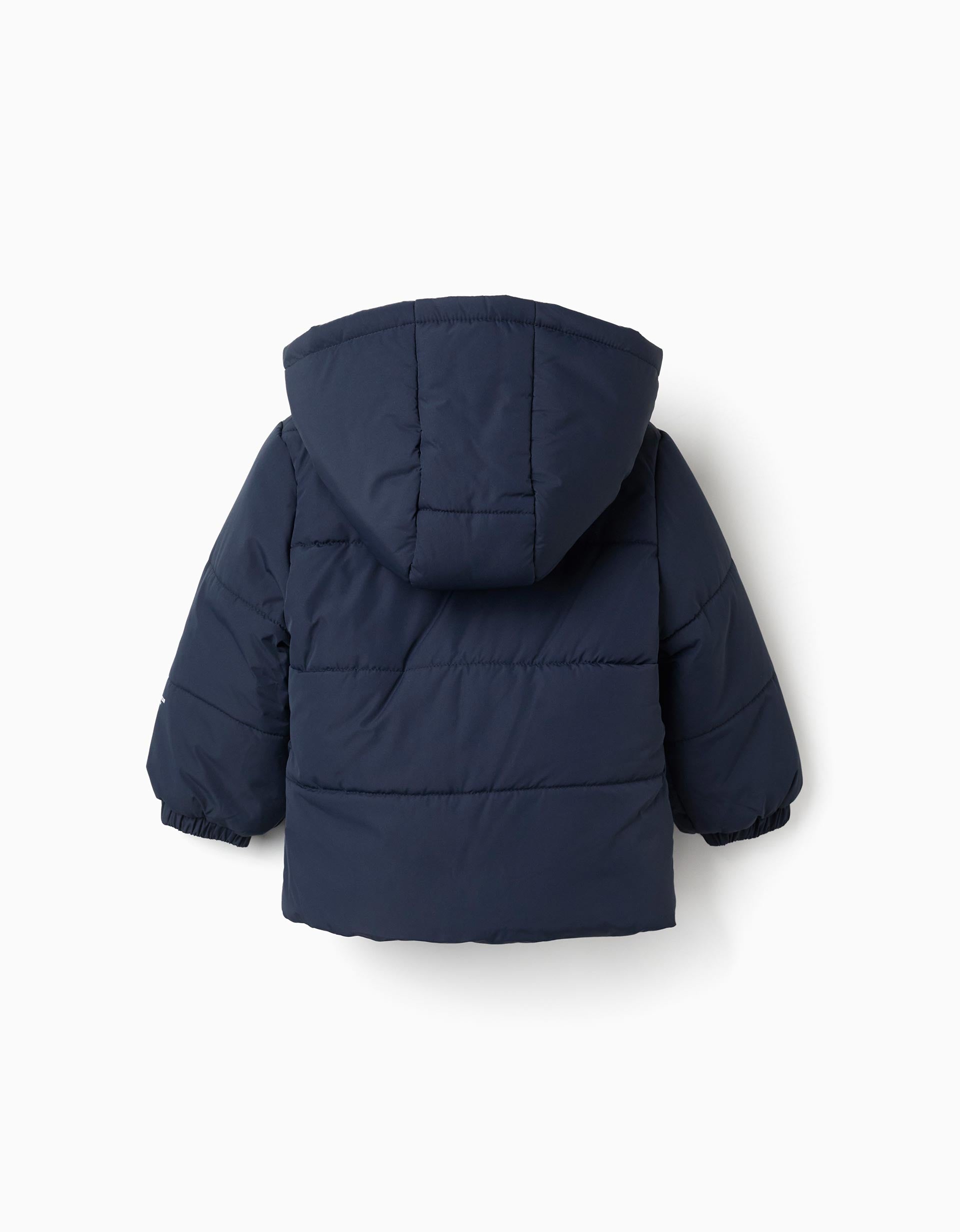 Puffer jacket with detachable hood for baby boys, navy blue
