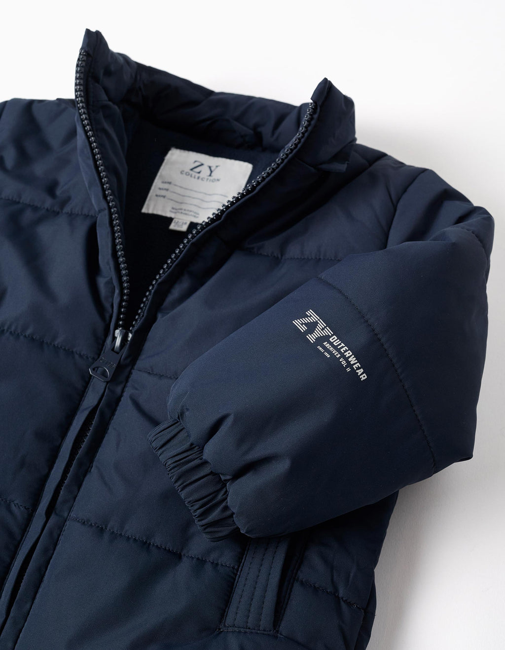 Puffer jacket with detachable hood for baby boys, navy blue