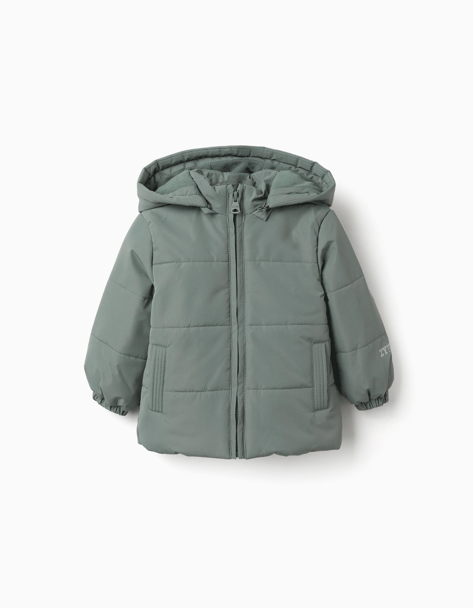 Puffer jacket with detachable hood for baby boys, dark green