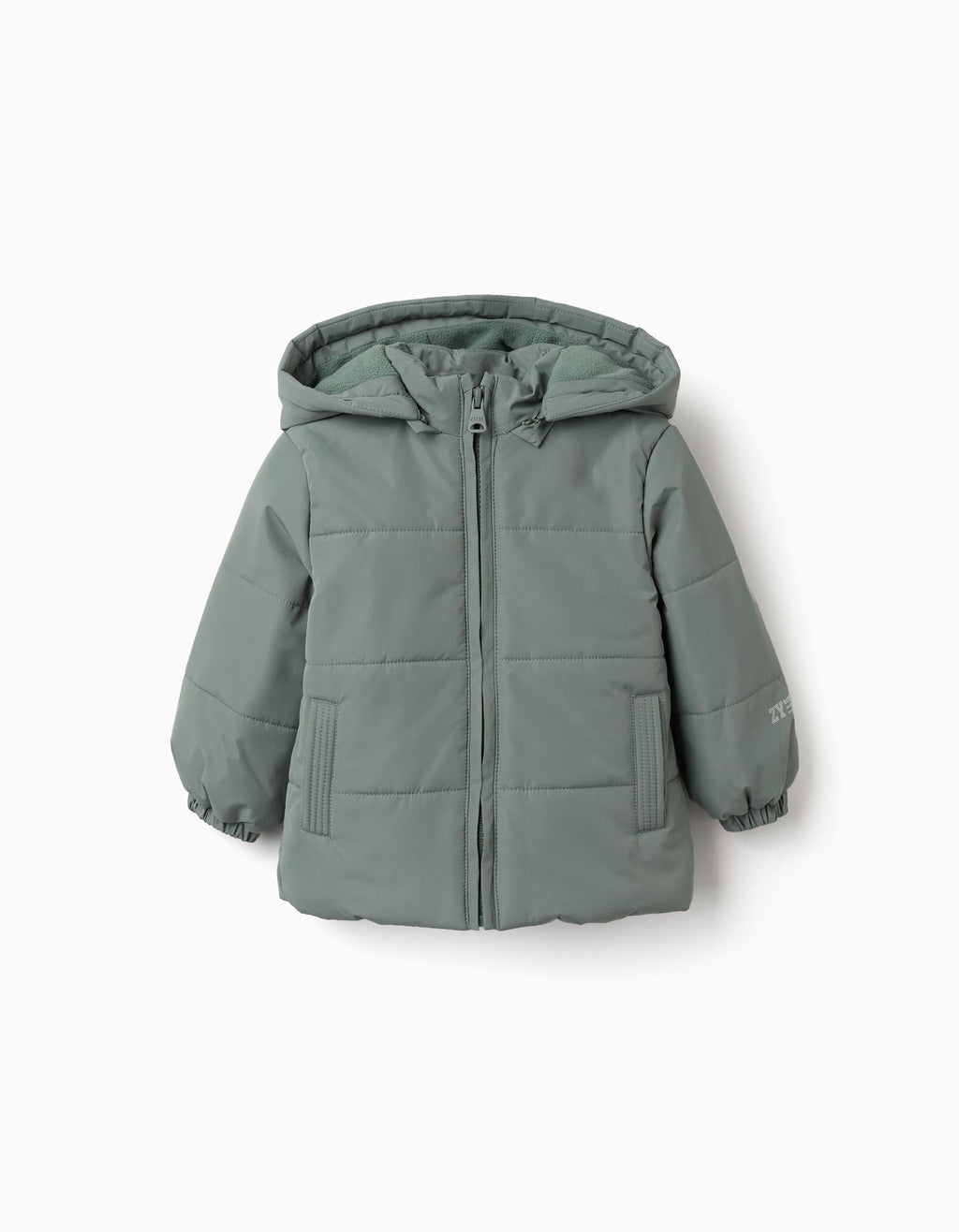 Puffer jacket with detachable hood for baby boys, dark green