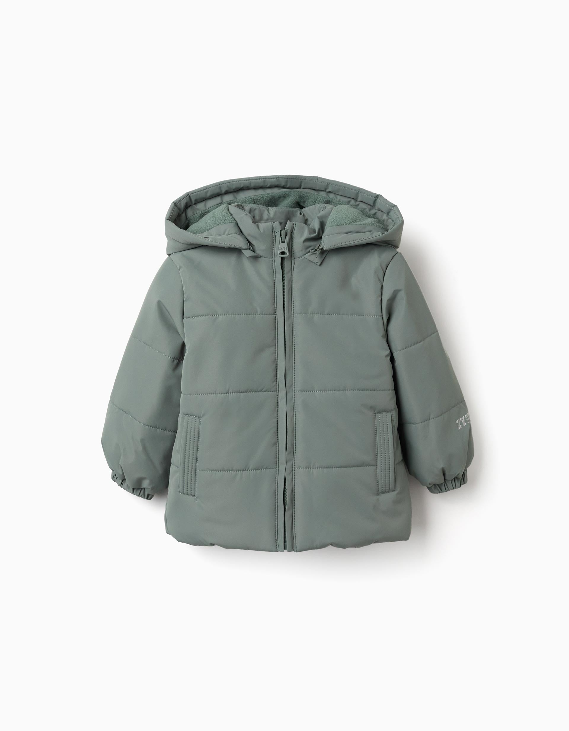 Puffer jacket with detachable hood for baby boys, dark green