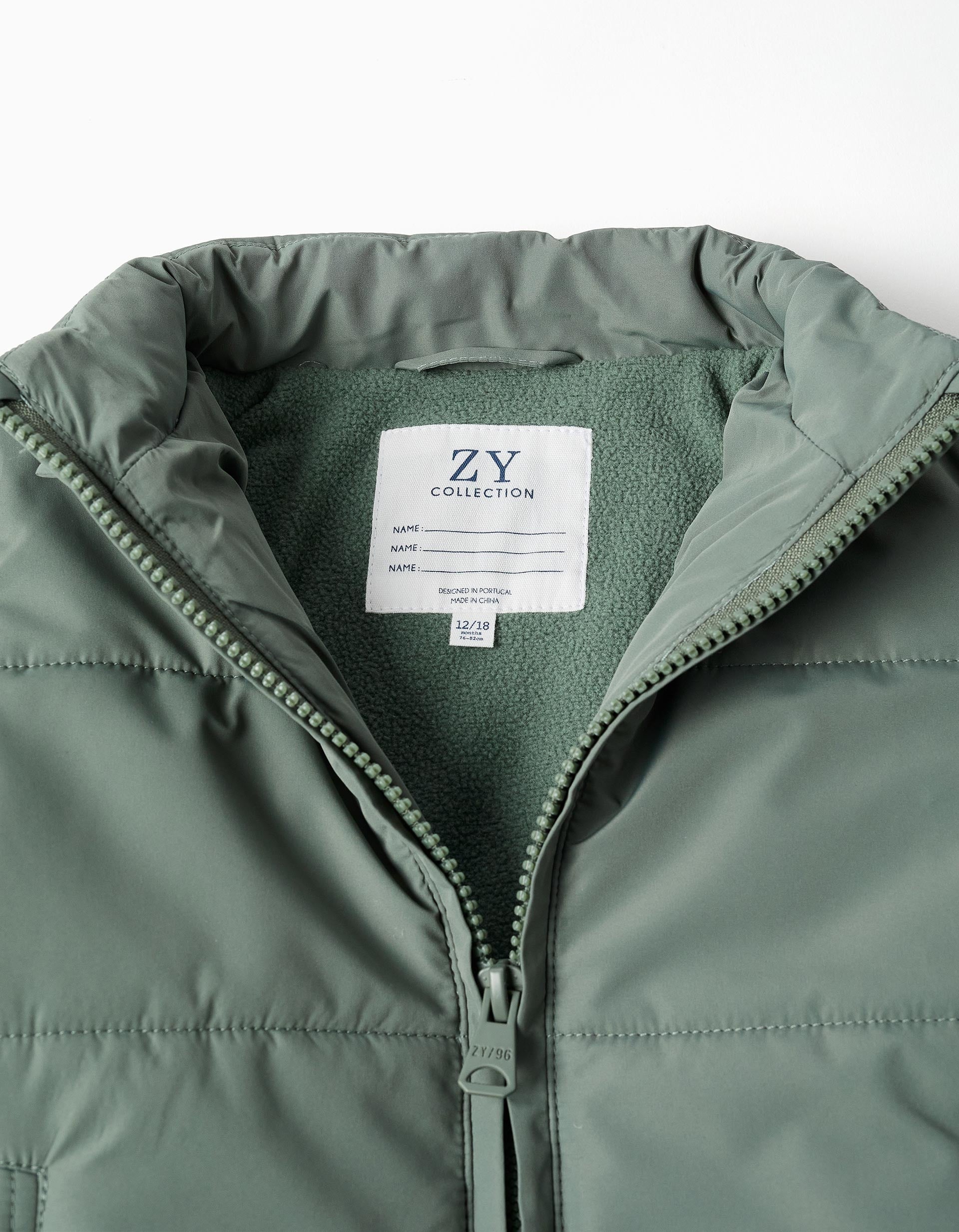 Puffer jacket with detachable hood for baby boys, dark green