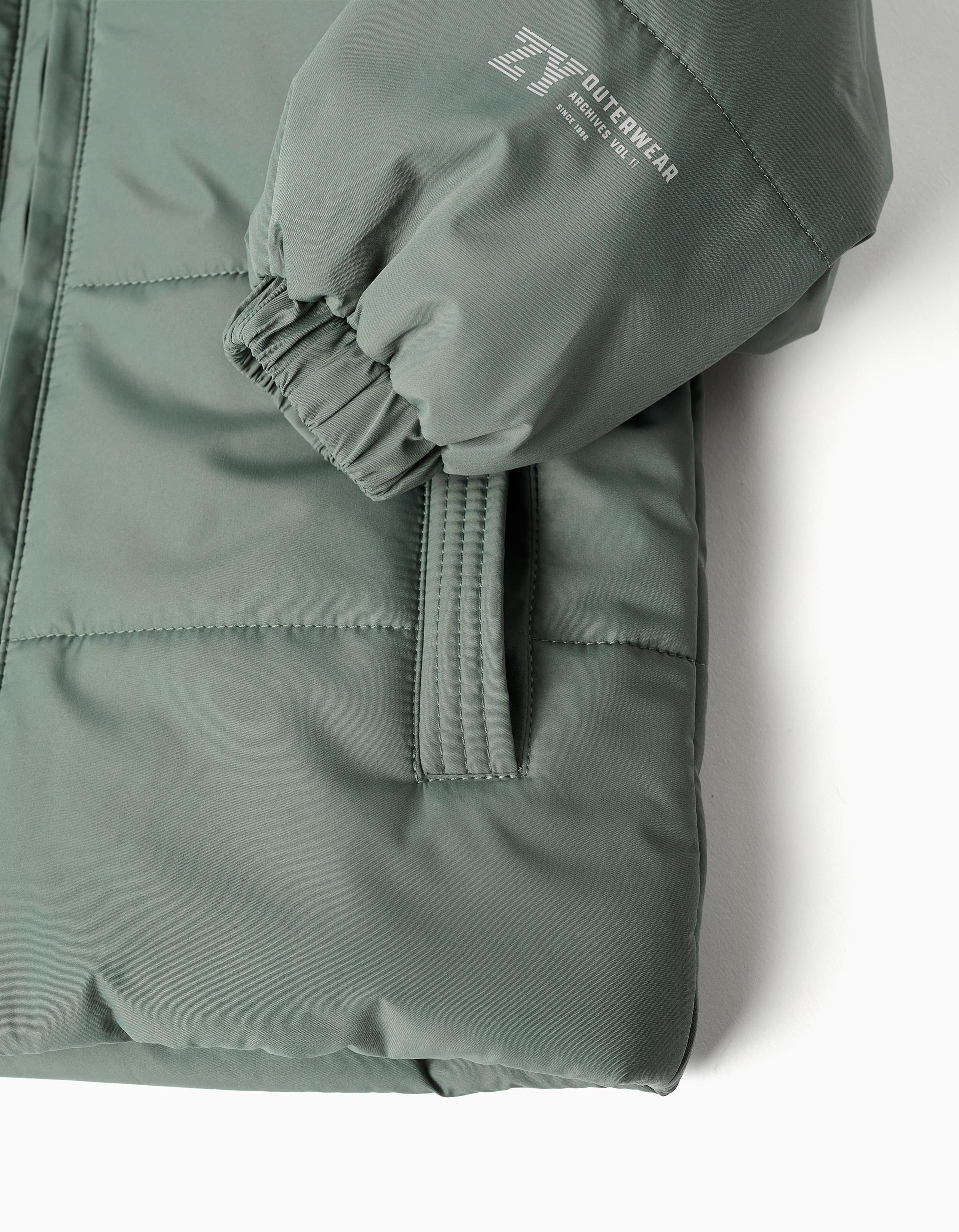 Puffer jacket with detachable hood for baby boys, dark green