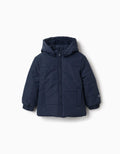Hooded puffer jacket with fleece lining for boys, navy blue