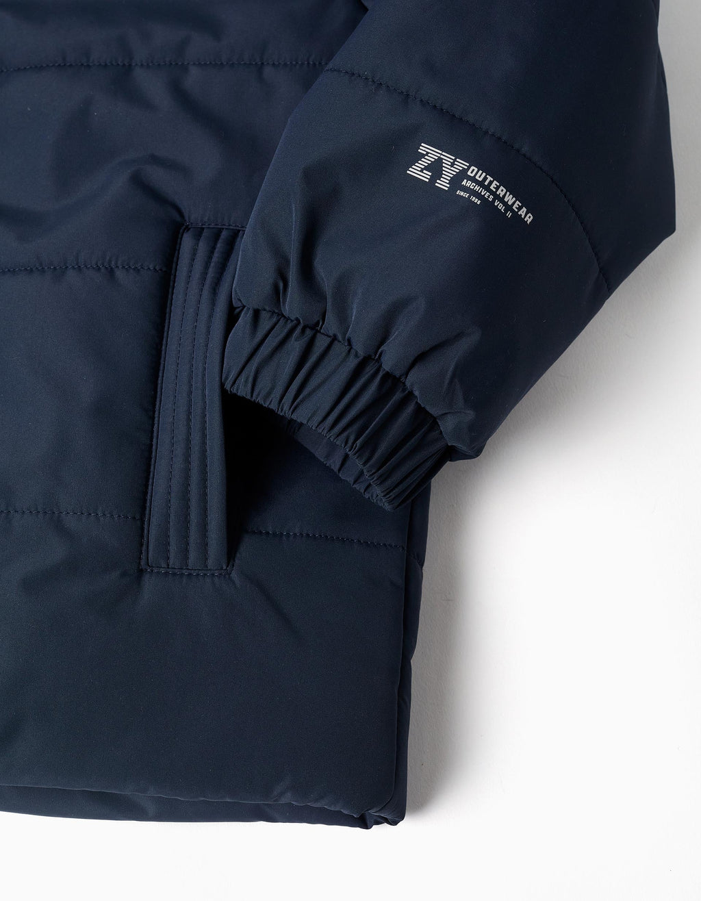 Hooded puffer jacket with fleece lining for boys, navy blue