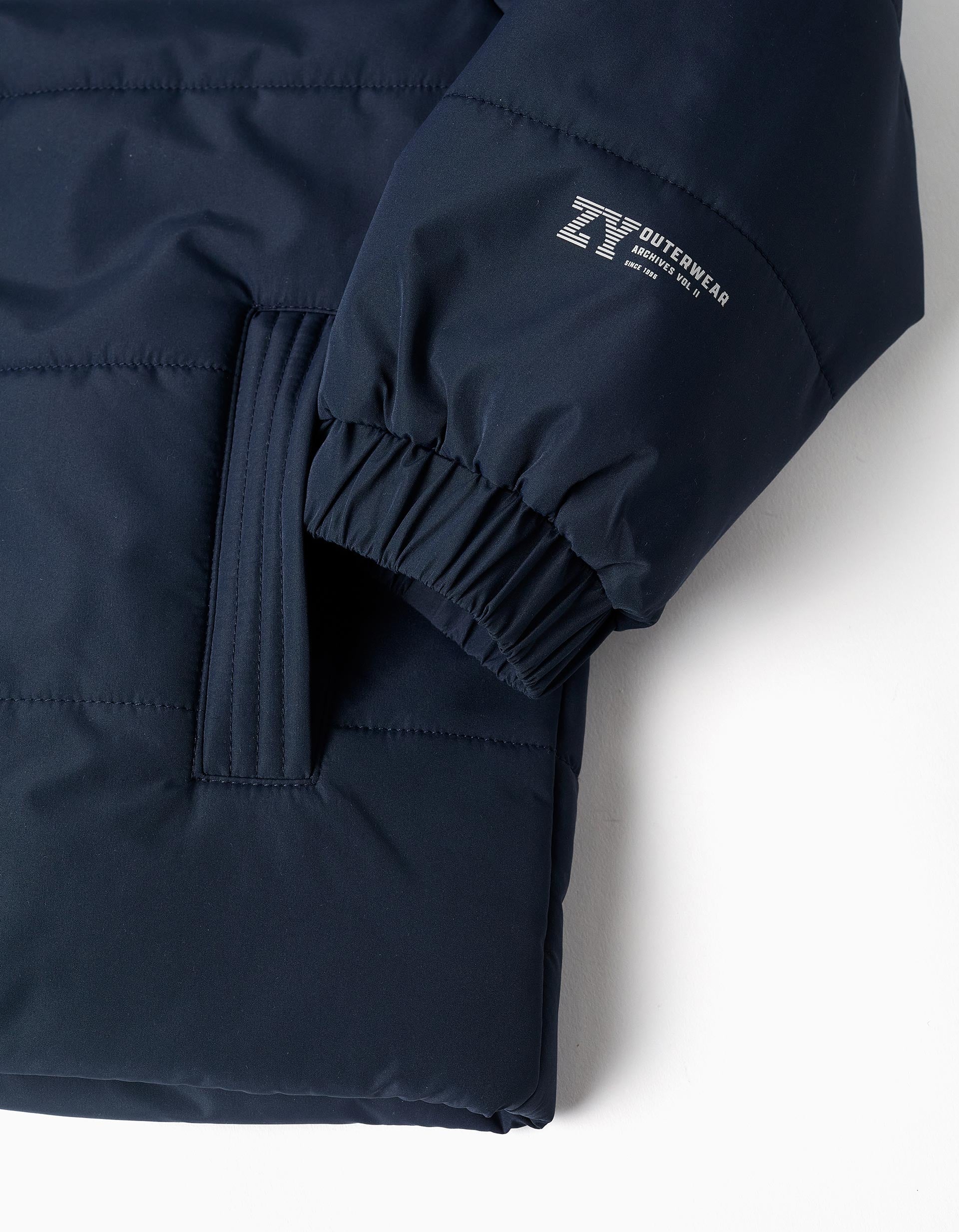 Hooded puffer jacket with fleece lining for boys, navy blue