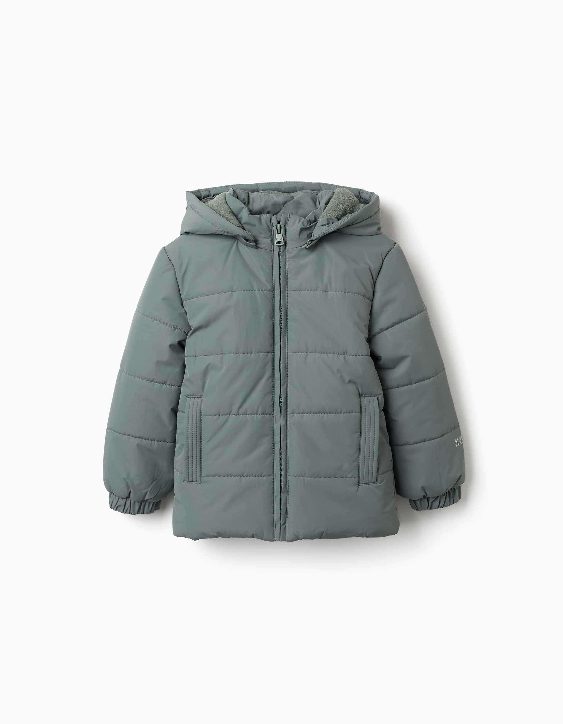 Hooded puffer jacket with fleece lining for boys, dark green
