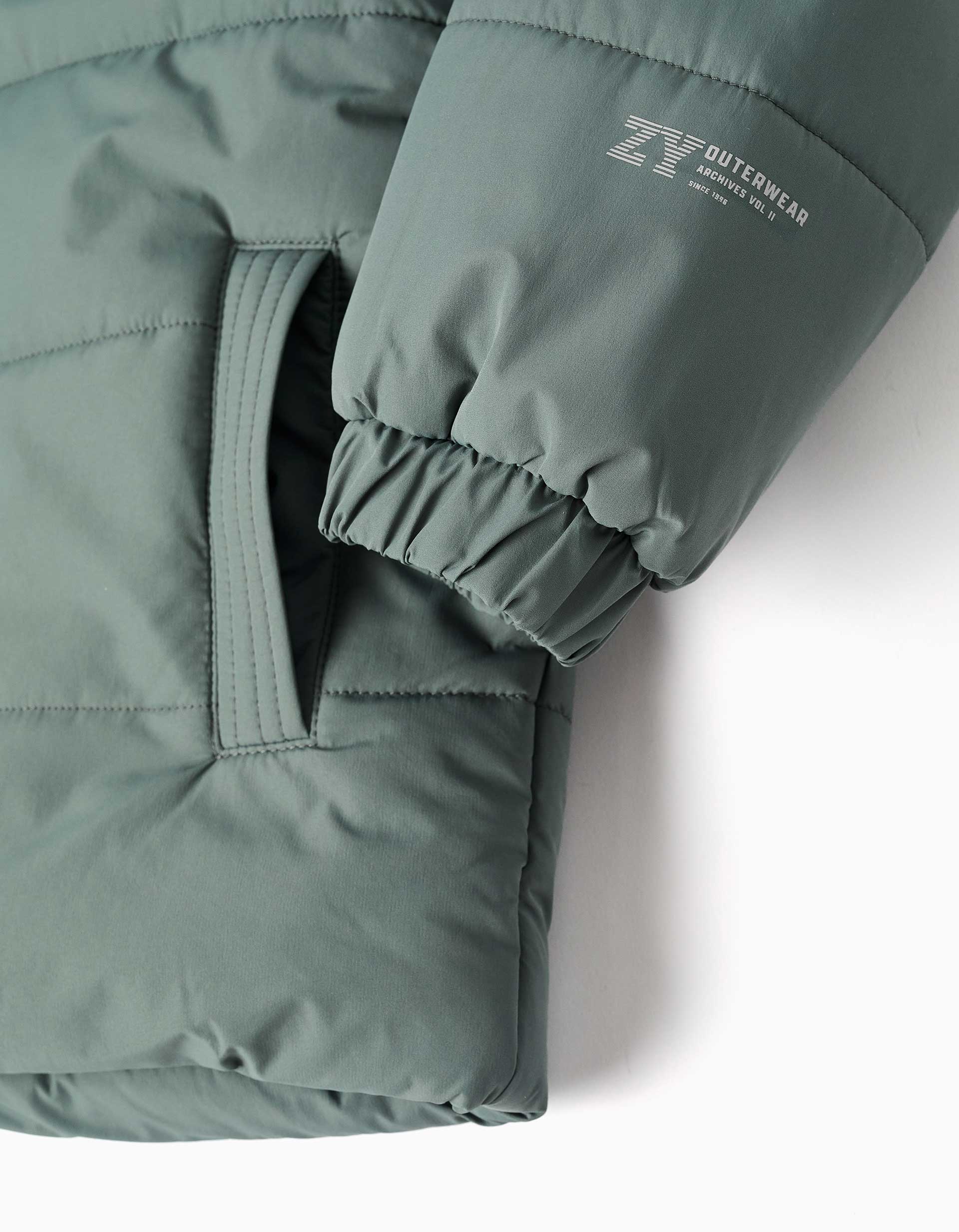 Hooded puffer jacket with fleece lining for boys, dark green