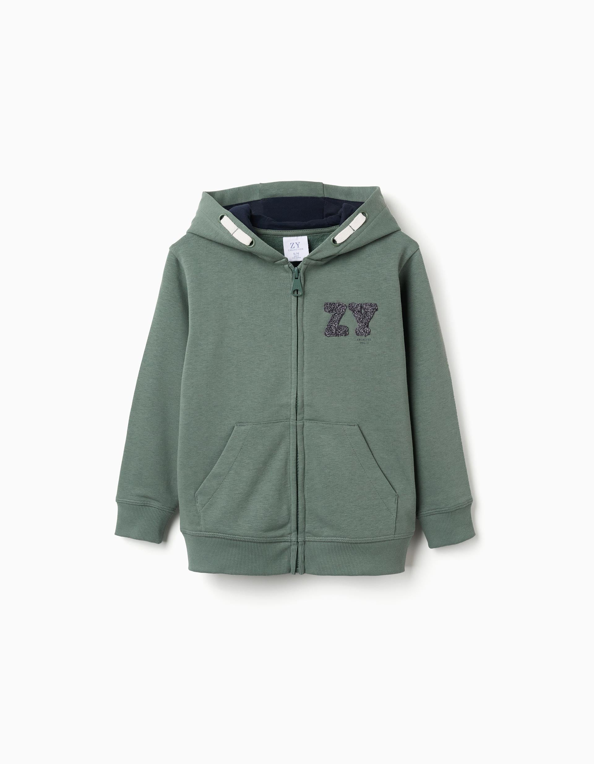 Dark Green Cotton Hooded Jacket with Boucle Embroidery for Boys