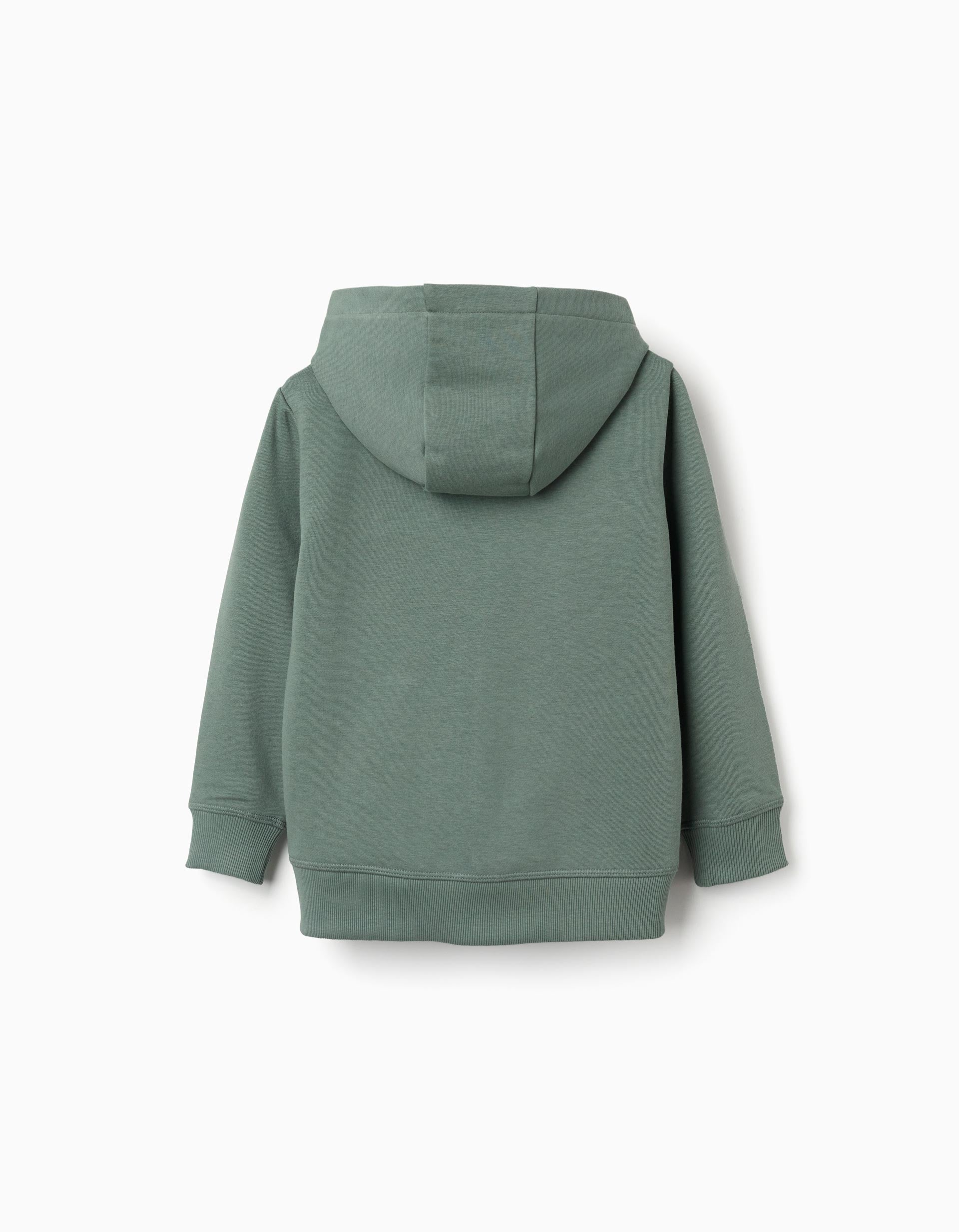 Dark Green Cotton Hooded Jacket with Boucle Embroidery for Boys