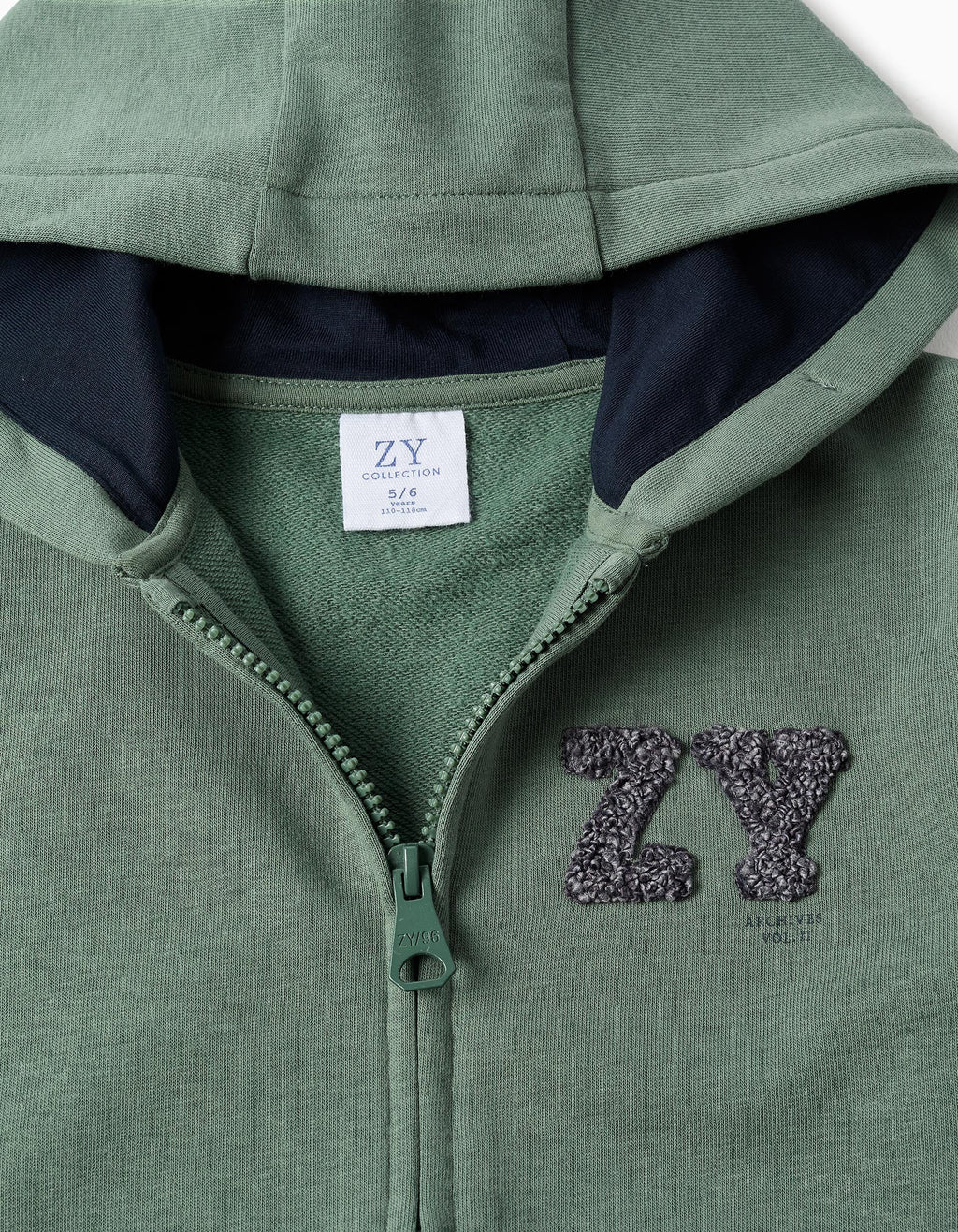 Dark Green Cotton Hooded Jacket with Boucle Embroidery for Boys