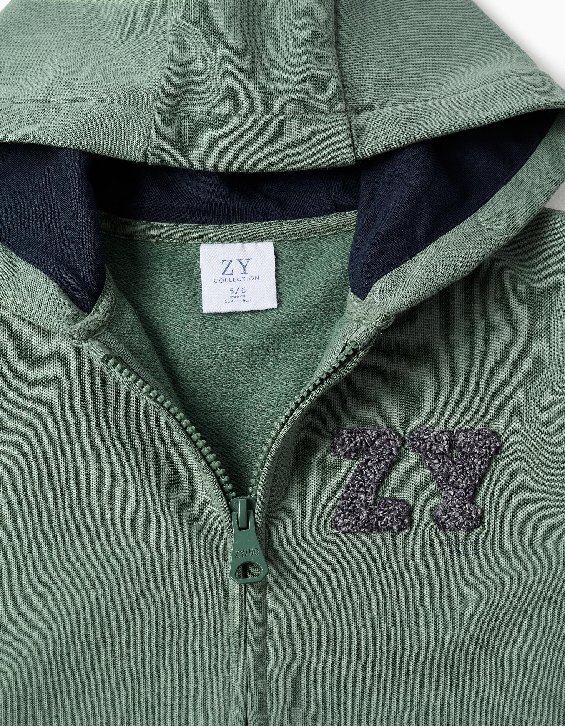 Dark Green Cotton Hooded Jacket with Boucle Embroidery for Boys