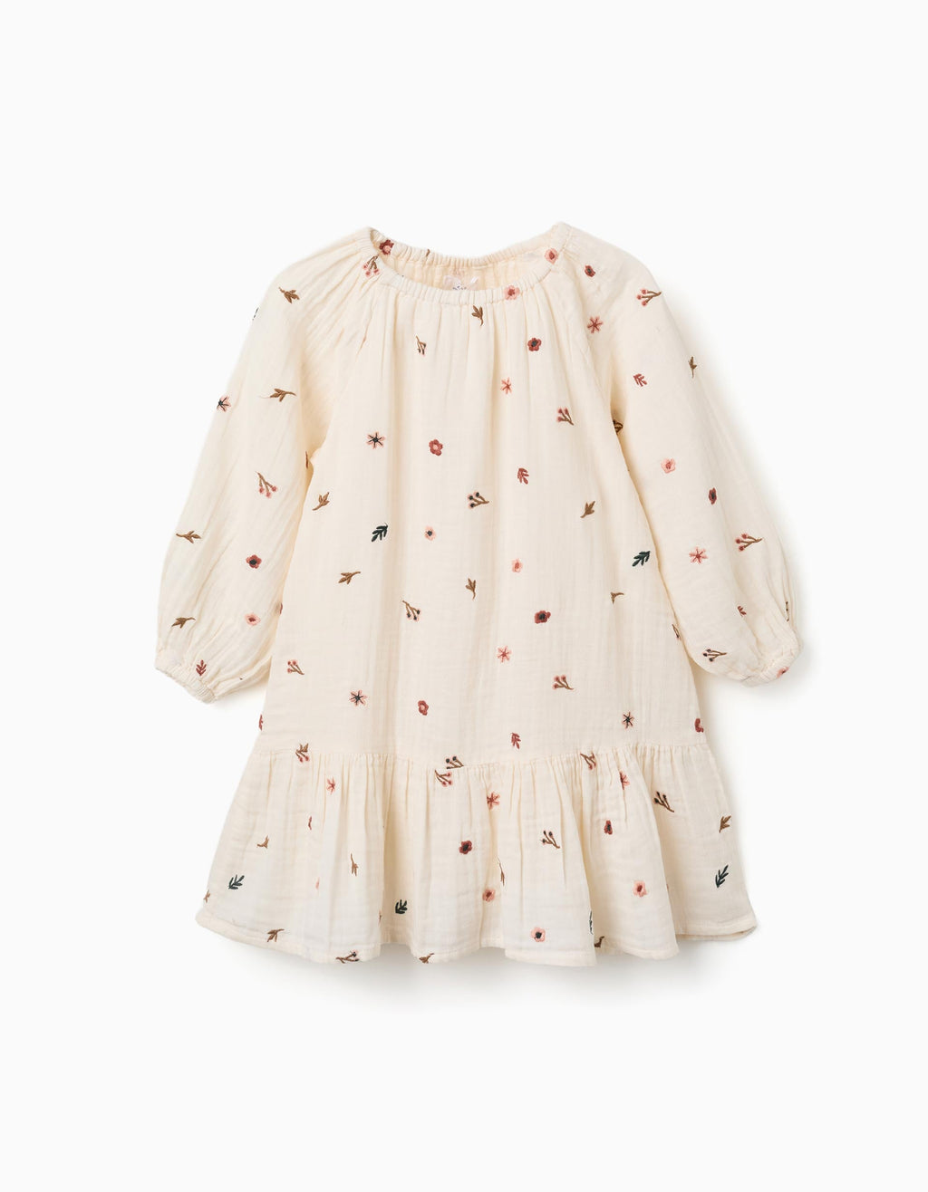 Long sleeve cotton dress with floral embroidery for girls, white