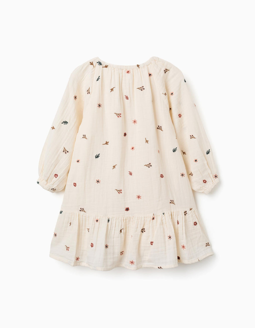 Long sleeve cotton dress with floral embroidery for girls, white
