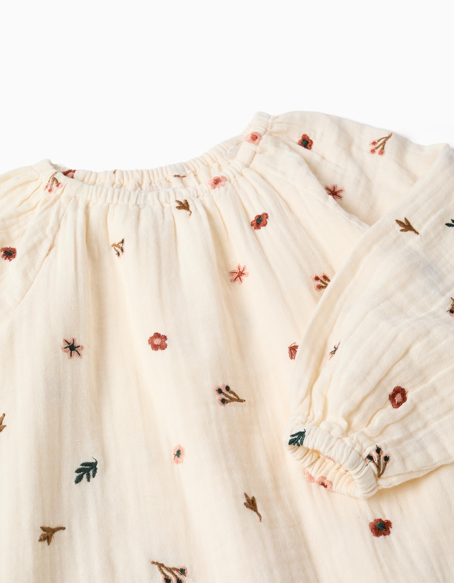 Long sleeve cotton dress with floral embroidery for girls, white