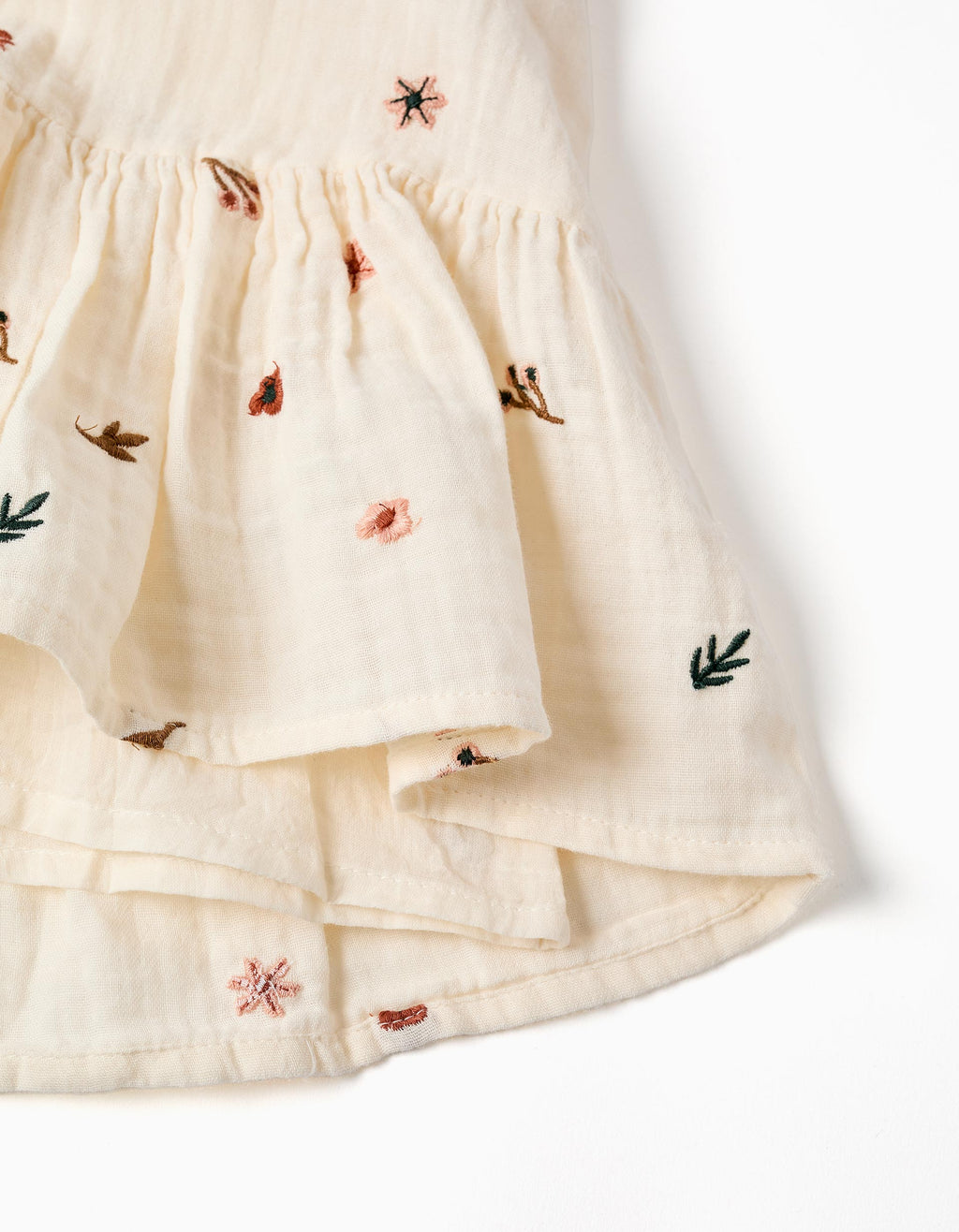 Long sleeve cotton dress with floral embroidery for girls, white