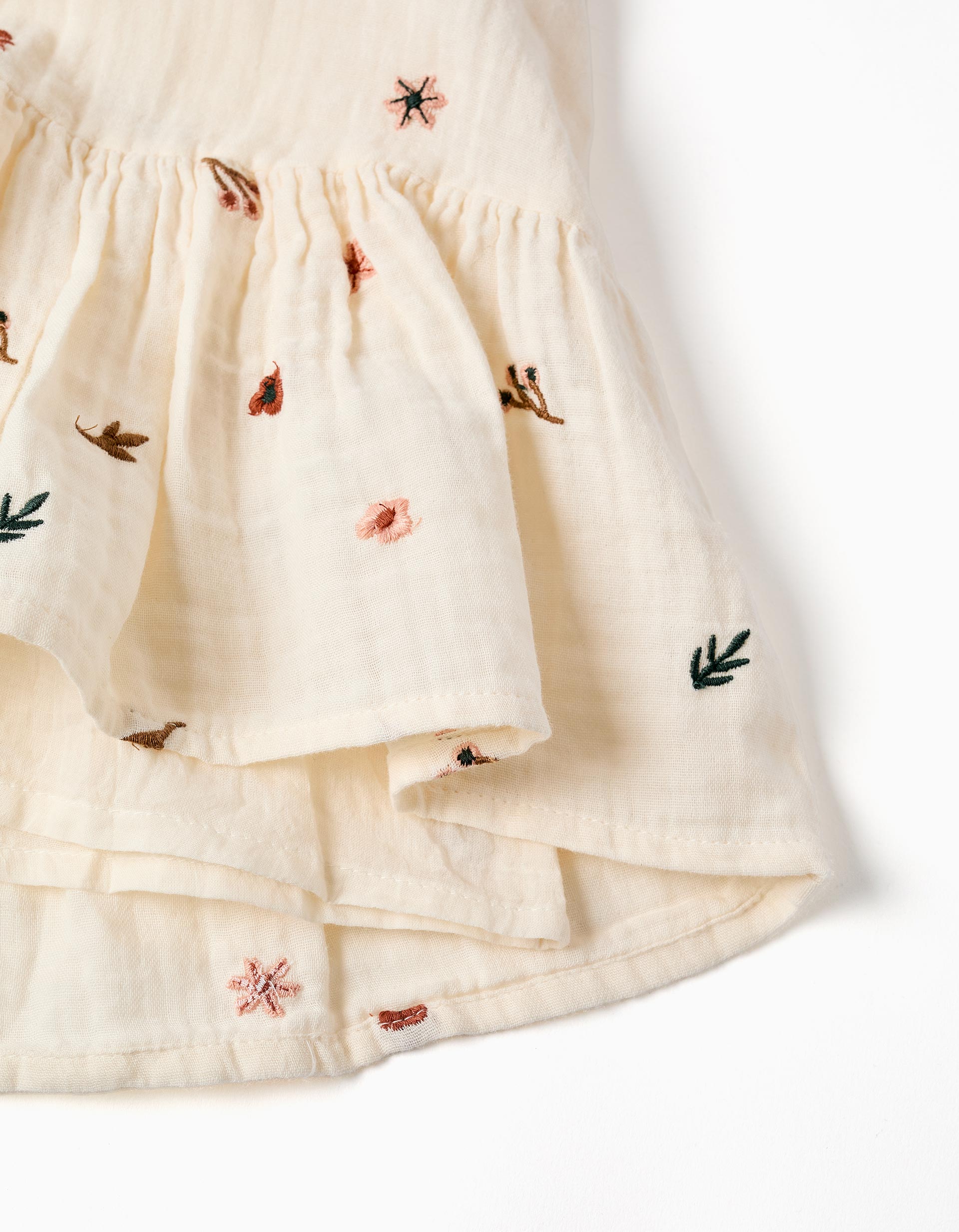 Long sleeve cotton dress with floral embroidery for girls, white