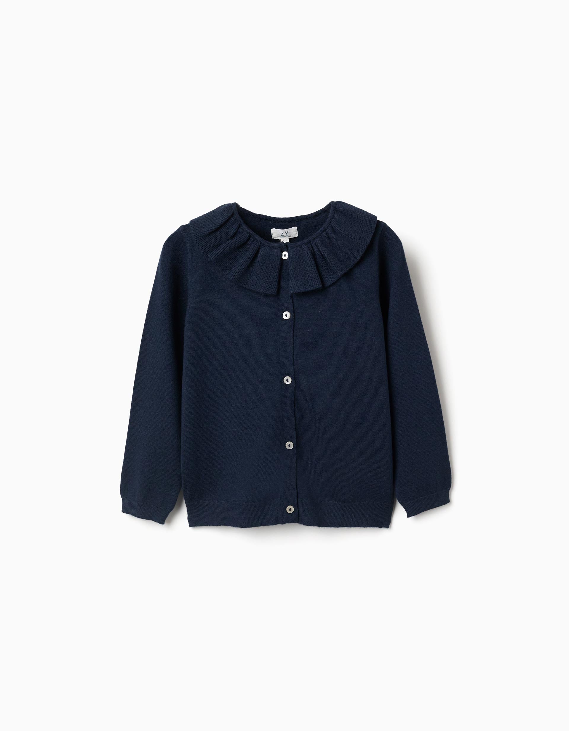 Knitted jacket with ruffled collar for girls, navy blue