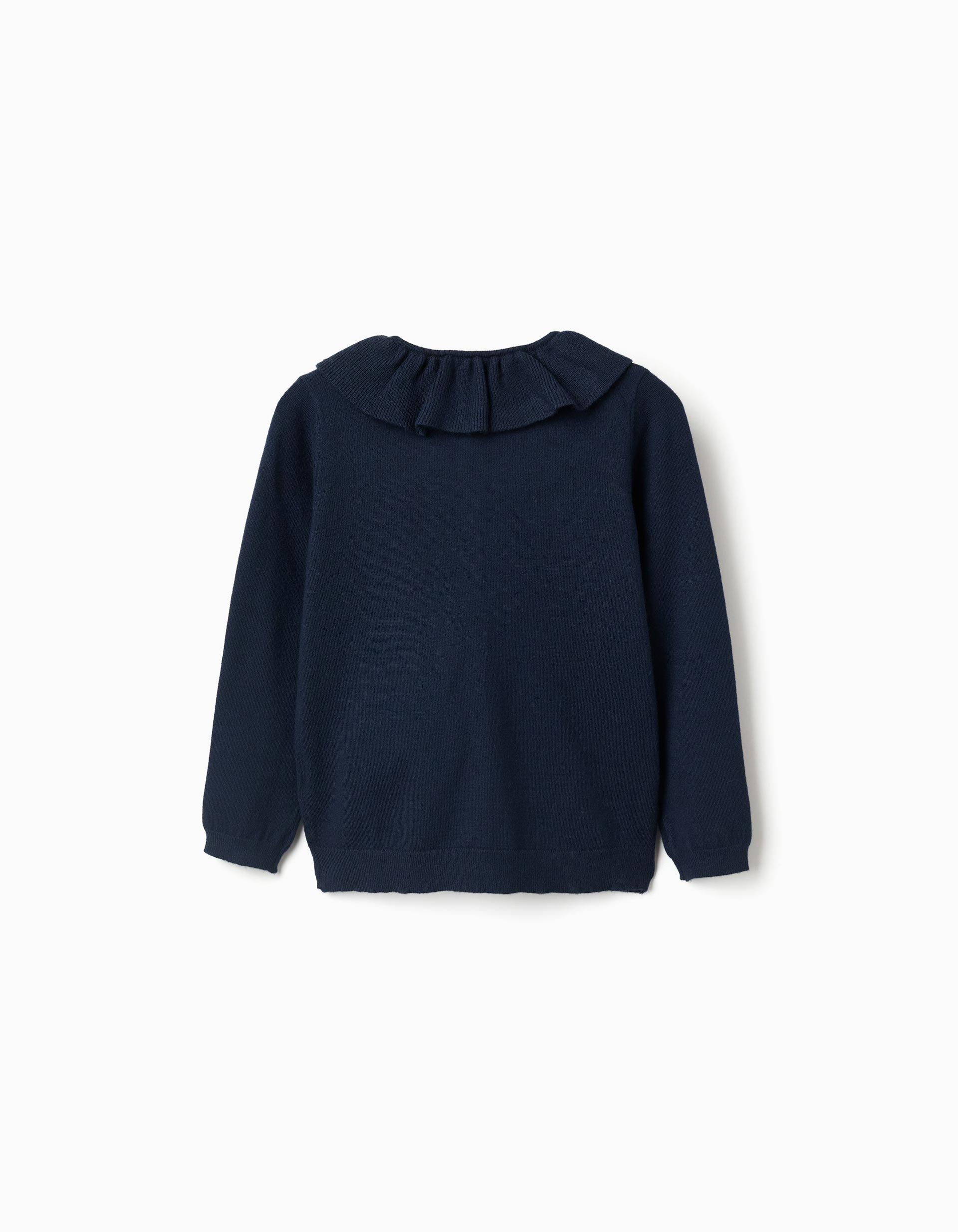 Knitted jacket with ruffled collar for girls, navy blue