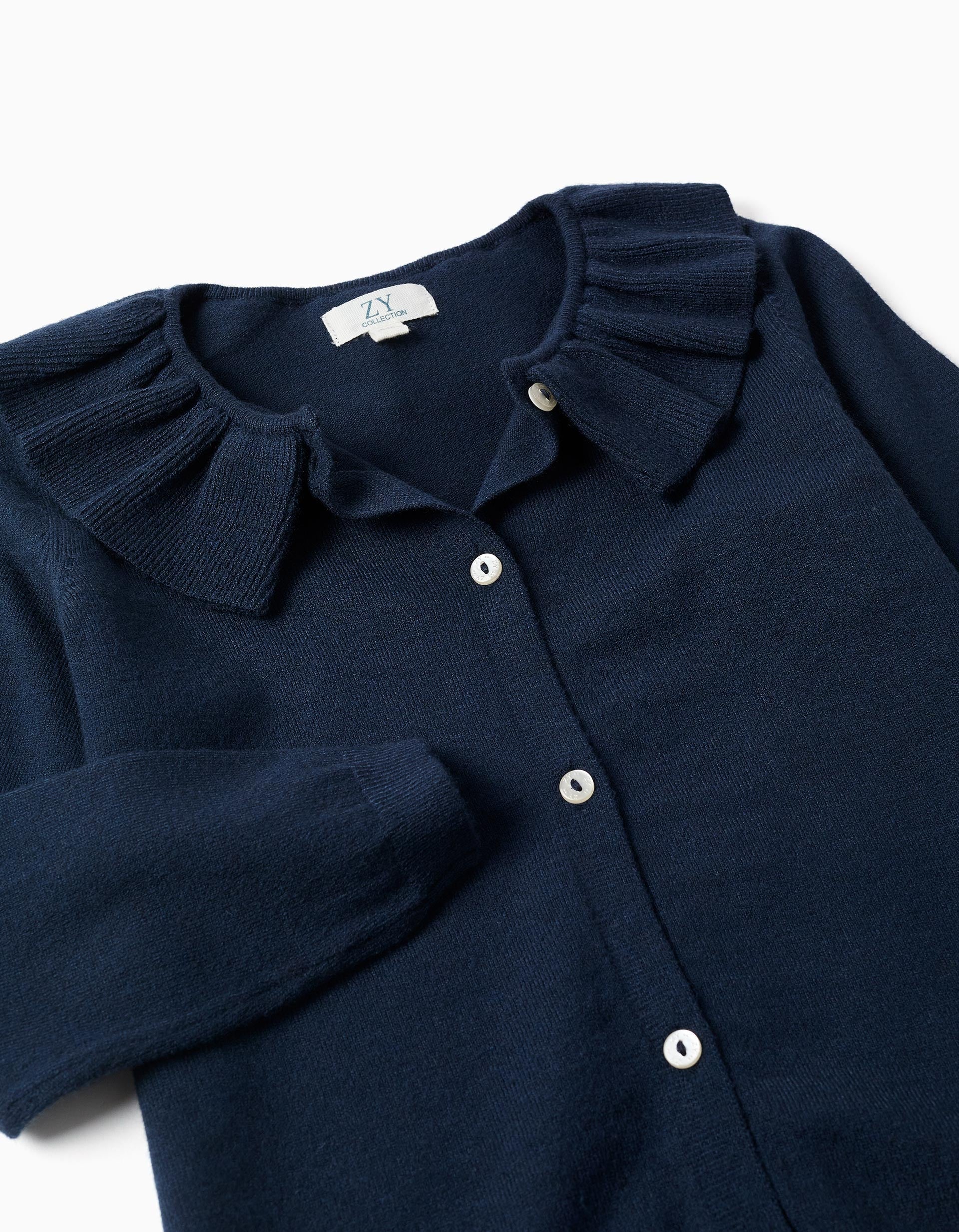 Knitted jacket with ruffled collar for girls, navy blue
