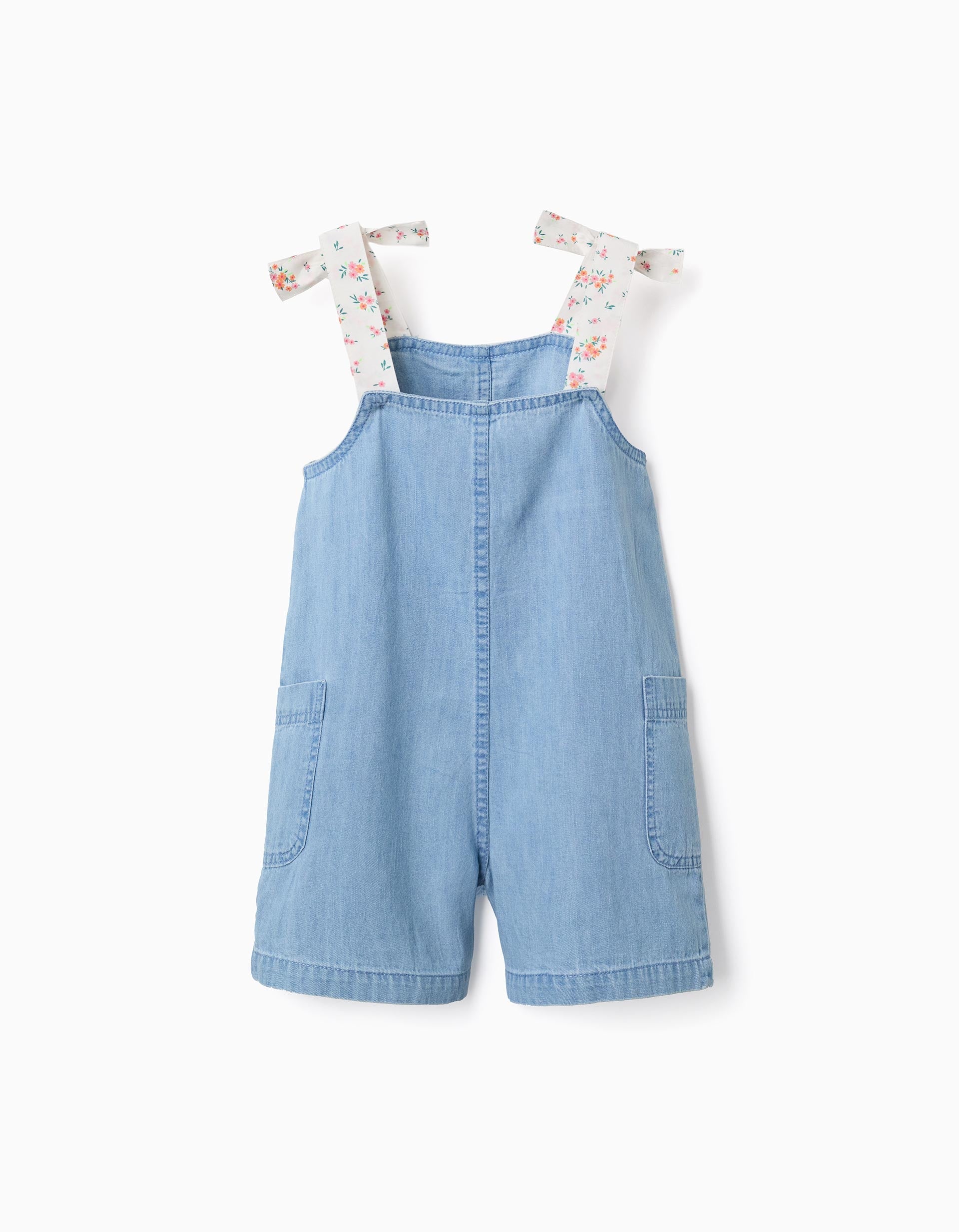 Sleeveless denim playsuit with floral straps for girls, light blue